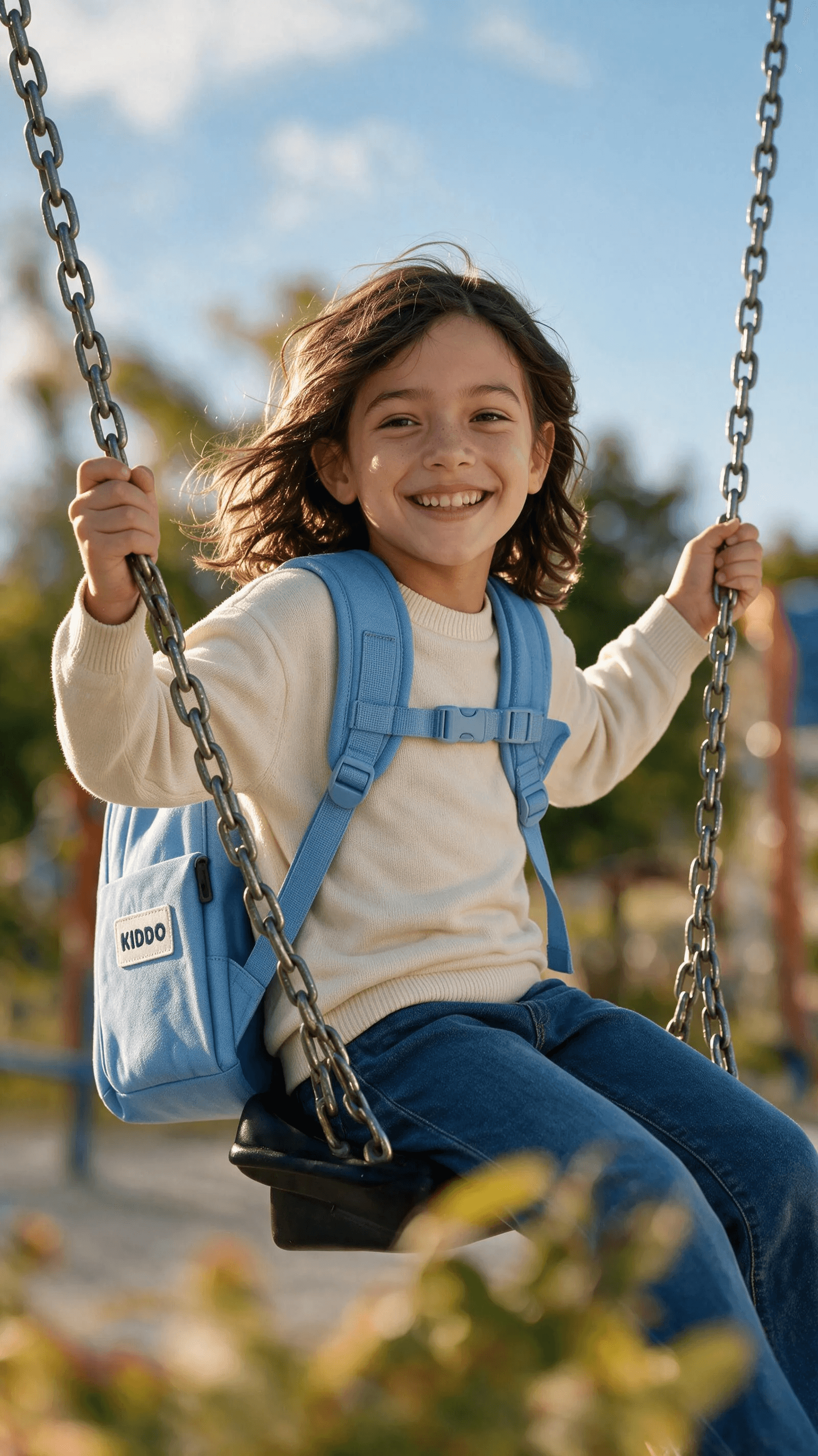 A joyful playground portrait with the sky-blue backpack in warm golden-hour light.