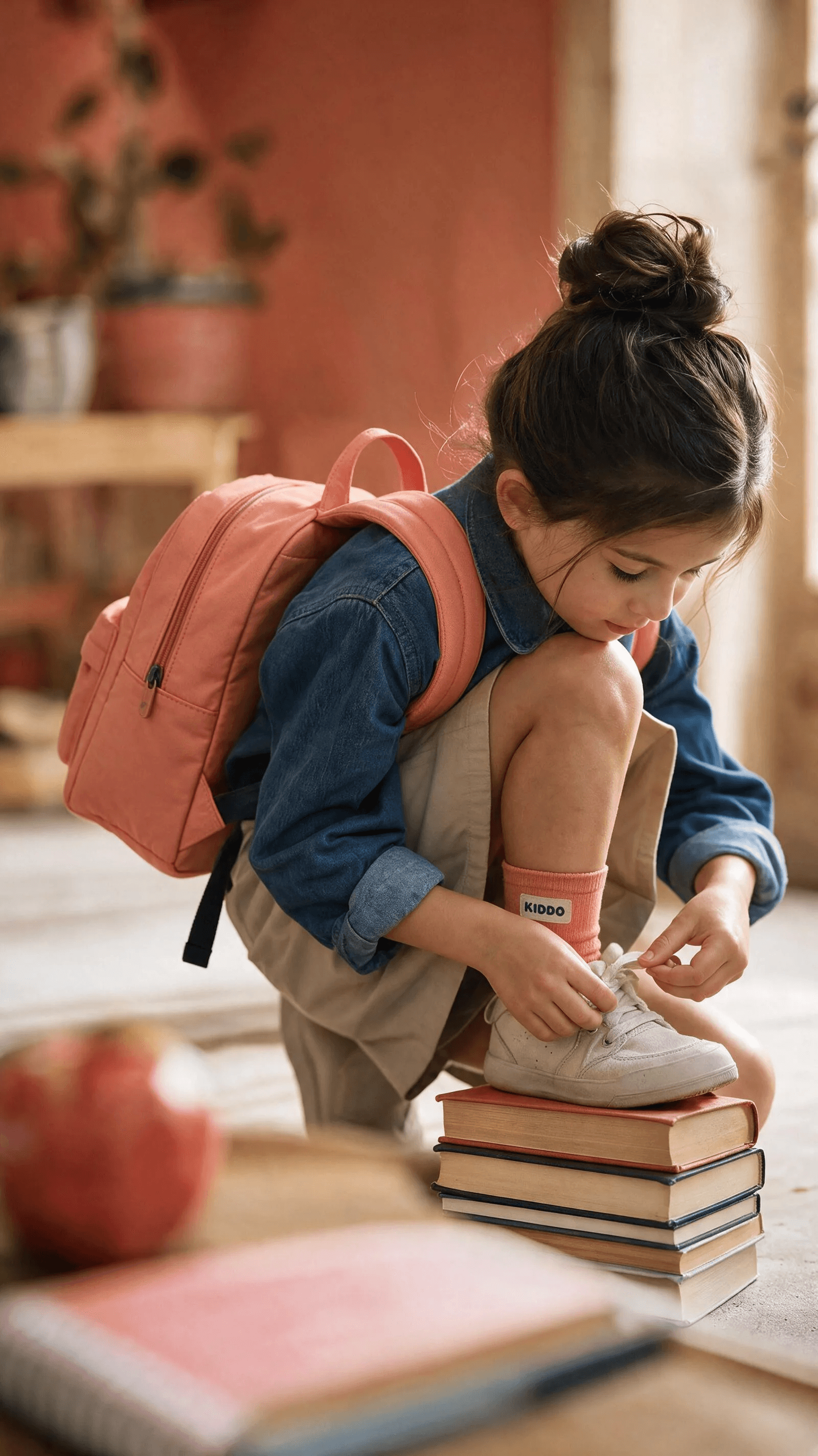 A getting-ready-for-school moment centred on shoelaces, a coral sock, and mini backpack.