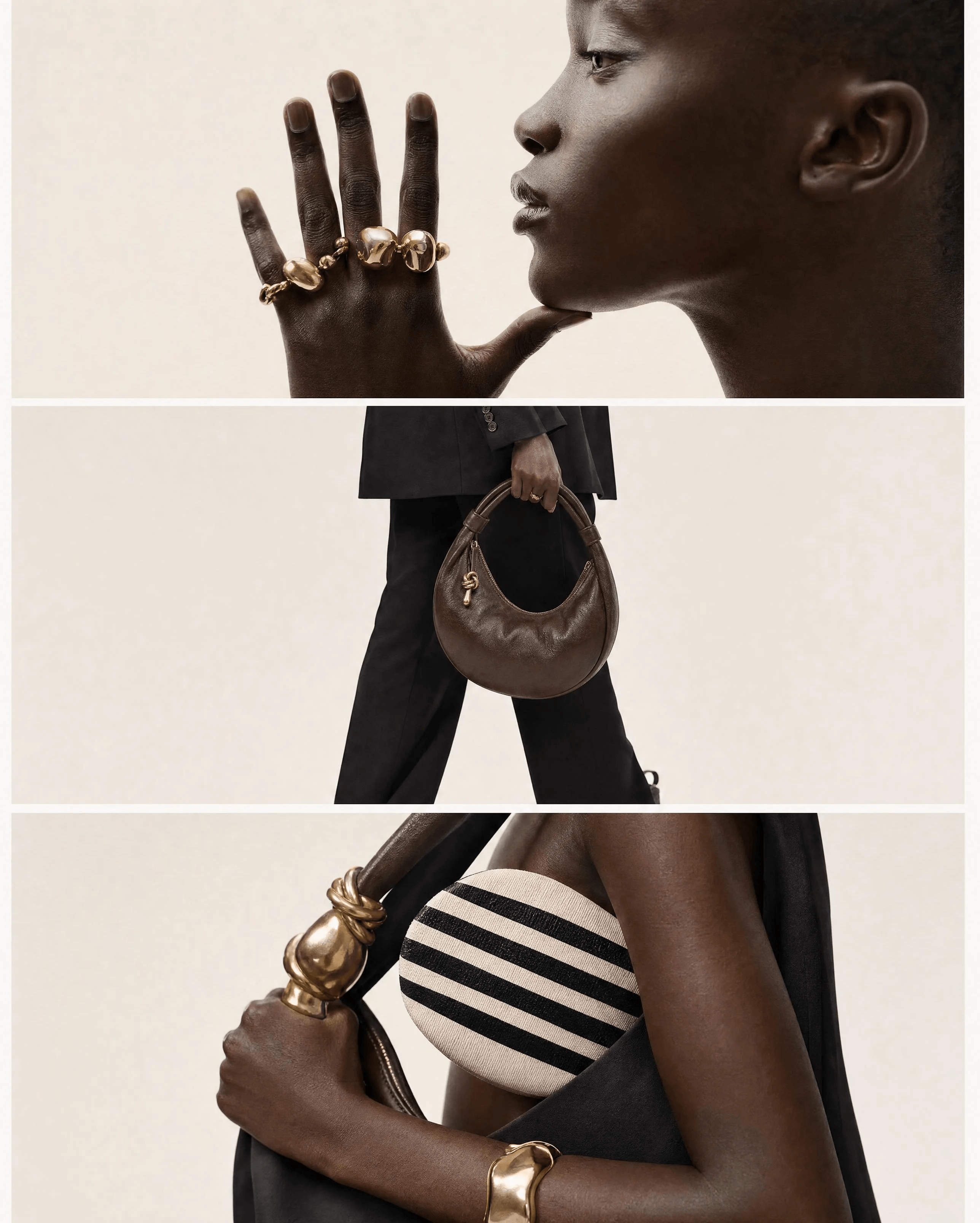 LUNARA: Worn Like Jewelry — A hand, the bag, and an arm — three close-ups built around the same knot hardware