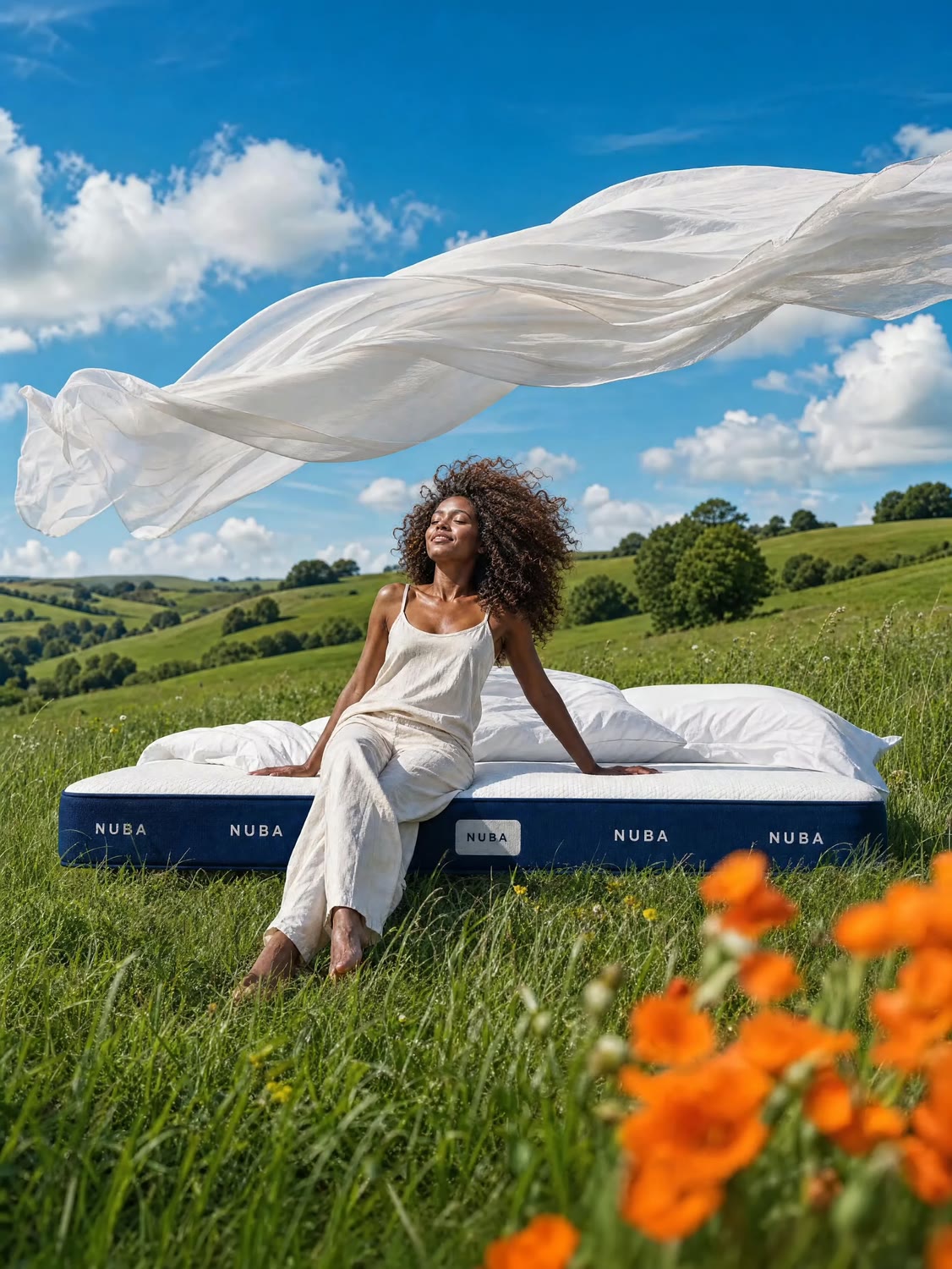 Model seated on a NUBA mattress in a green meadow beneath a billowing sheet