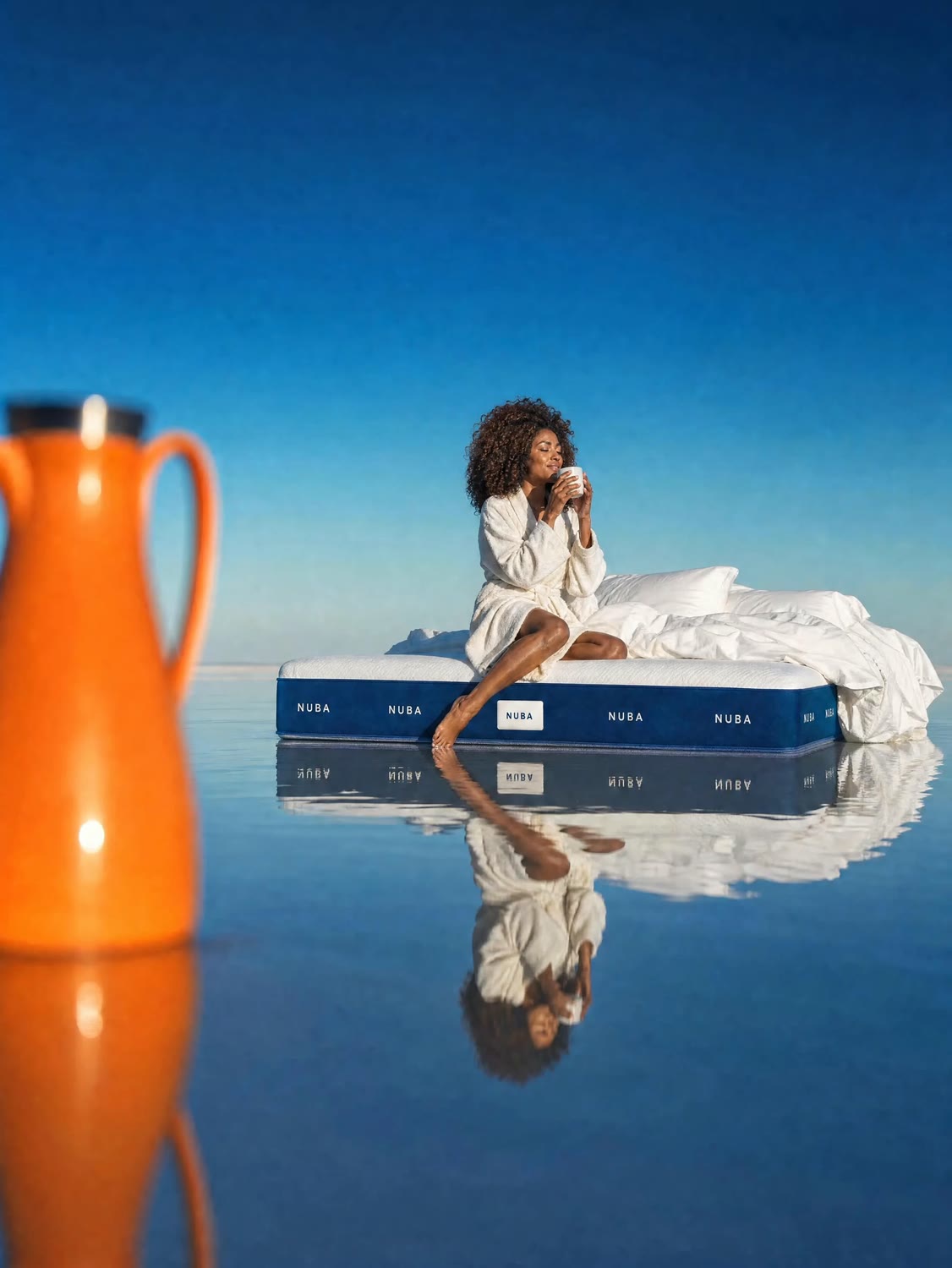 Model drinking tea on a NUBA mattress over a reflective salt flat