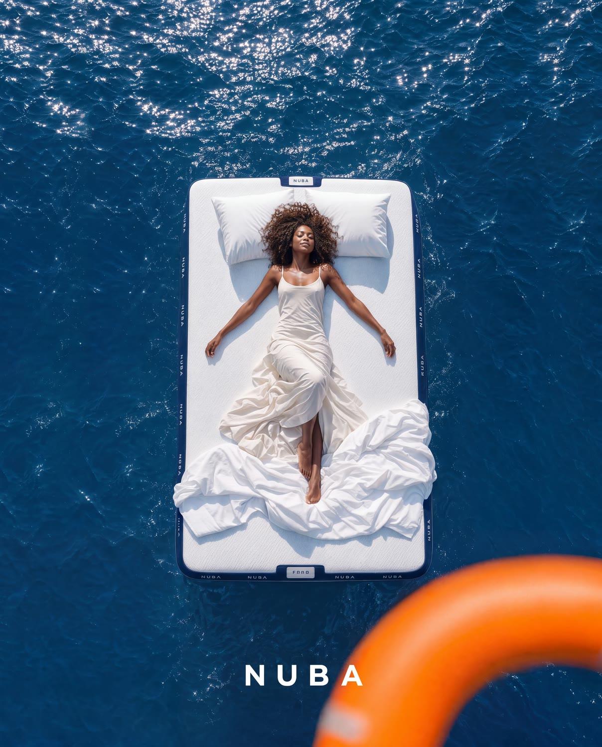 NUBA mattress and model floating on a saturated blue open sea