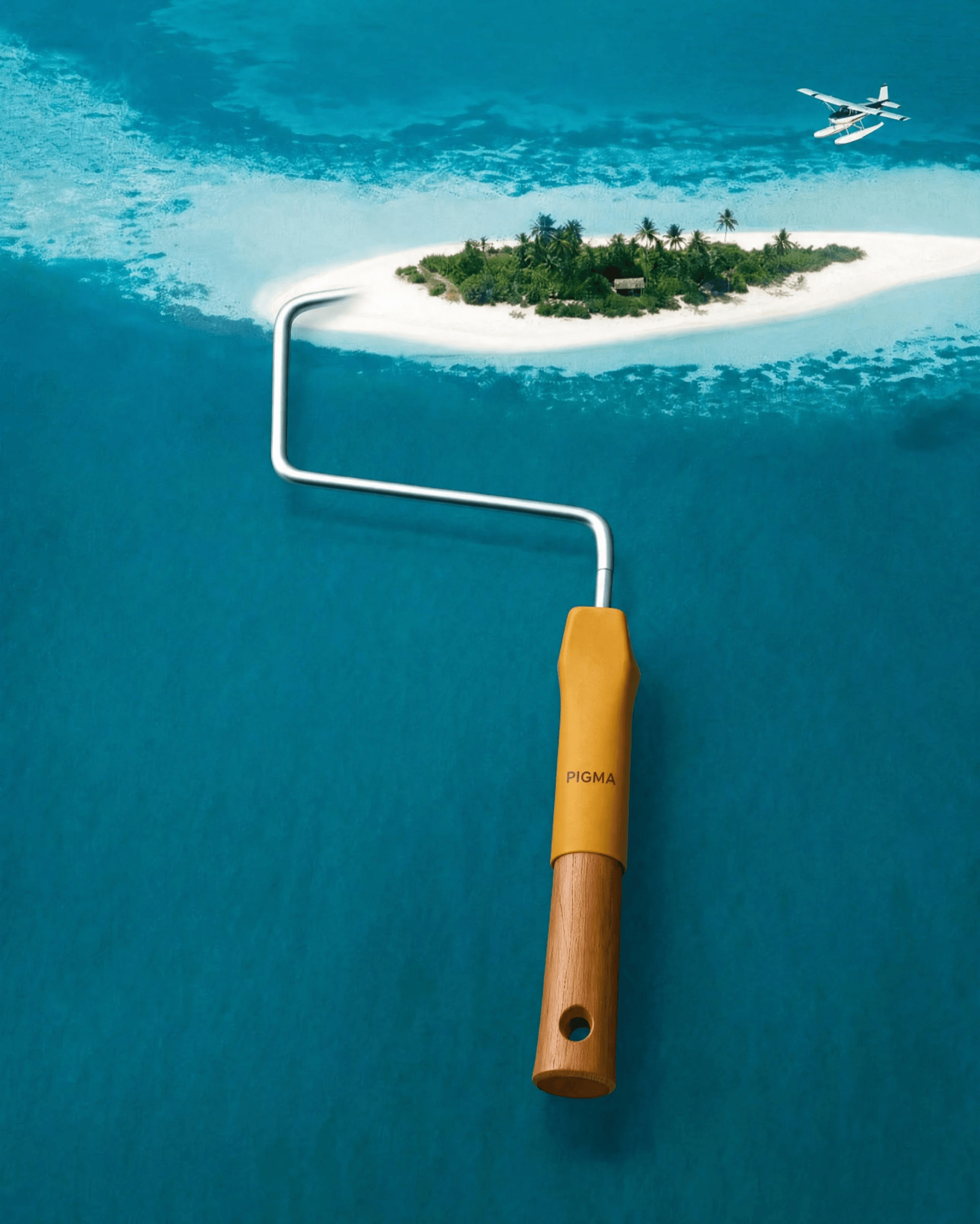 PIGMA paint roller creating a tropical island in the ocean