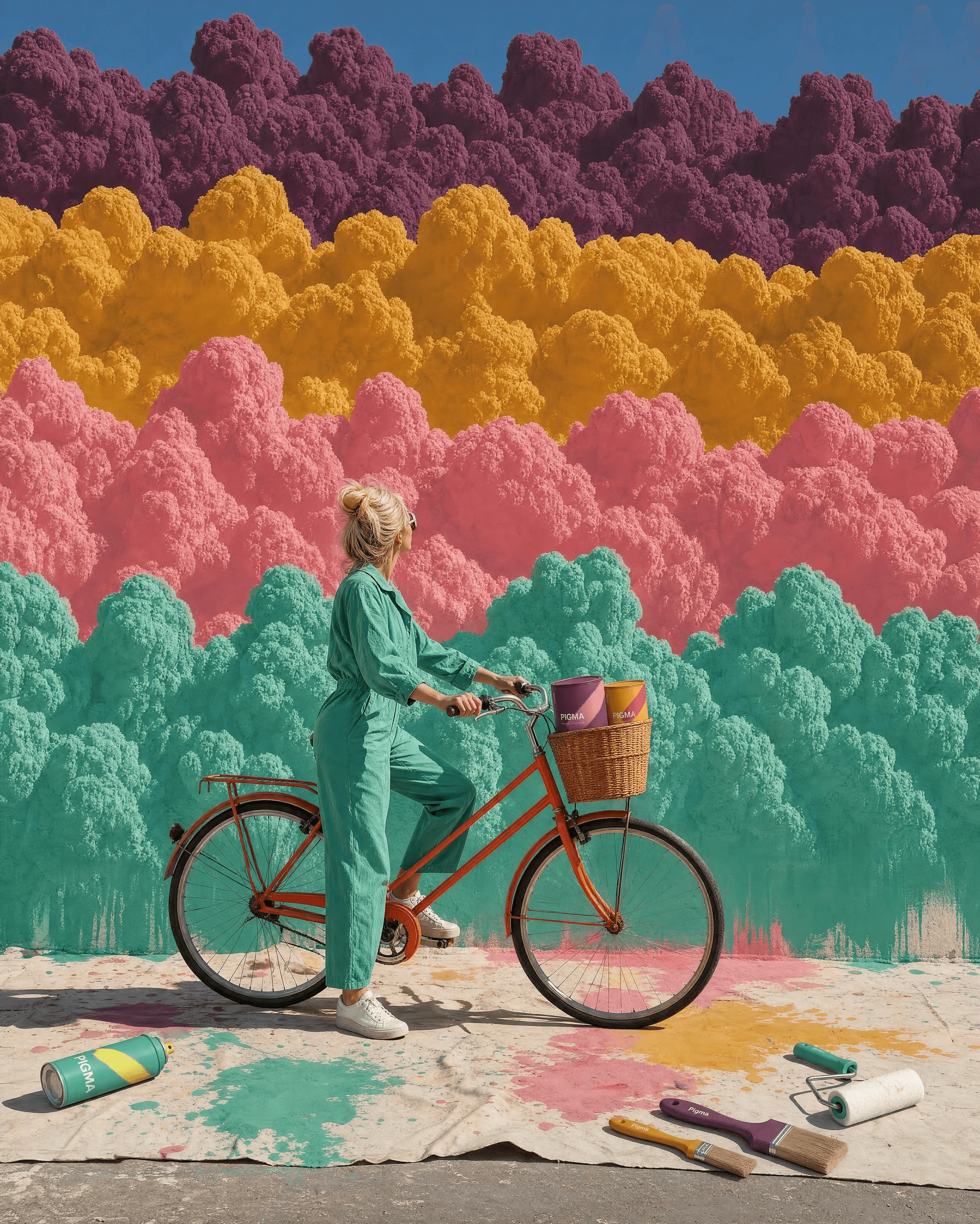 Woman preparing to cycle away from a wall of PIGMA-coloured clouds