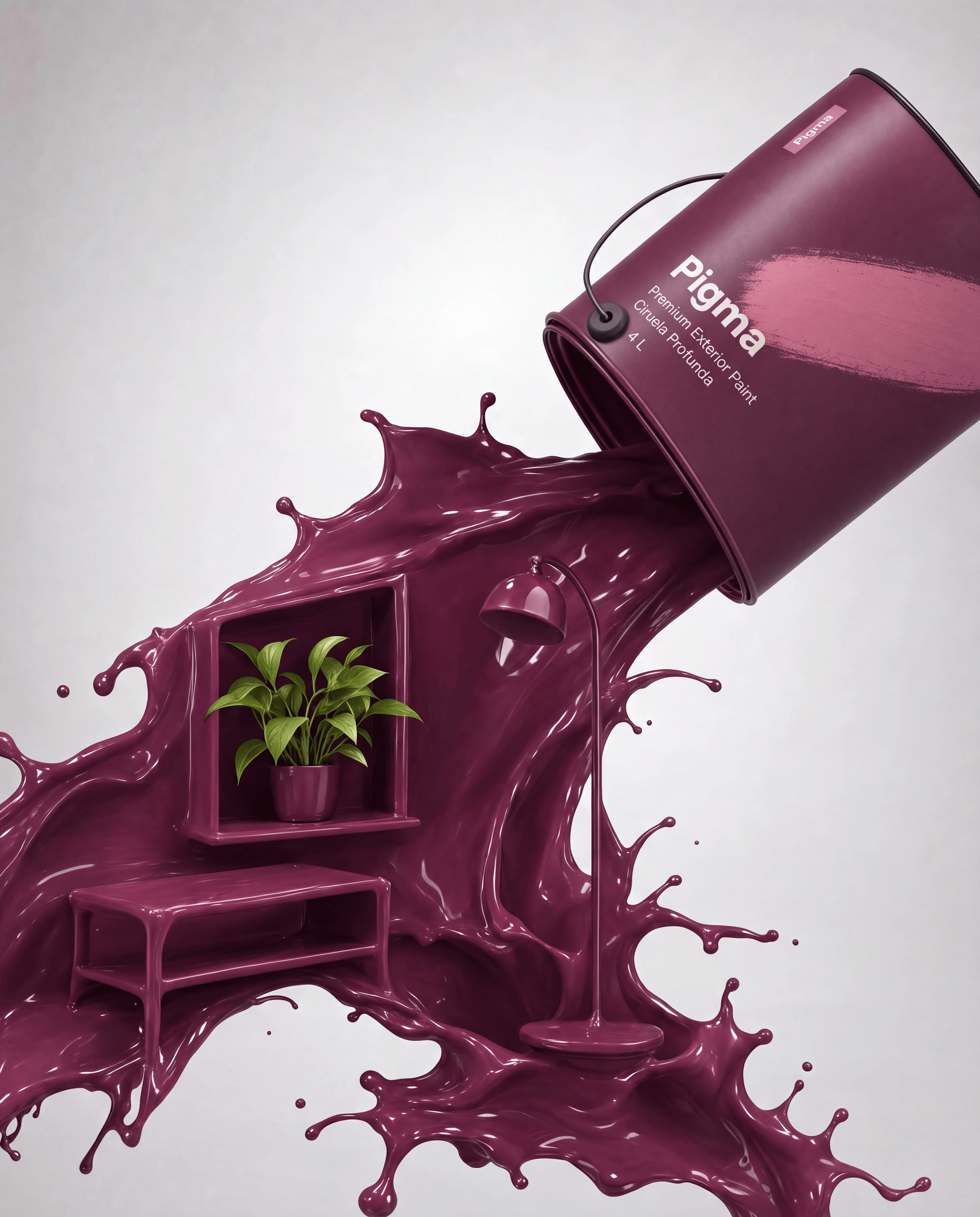 PIGMA plum paint can pouring furniture and a green plant