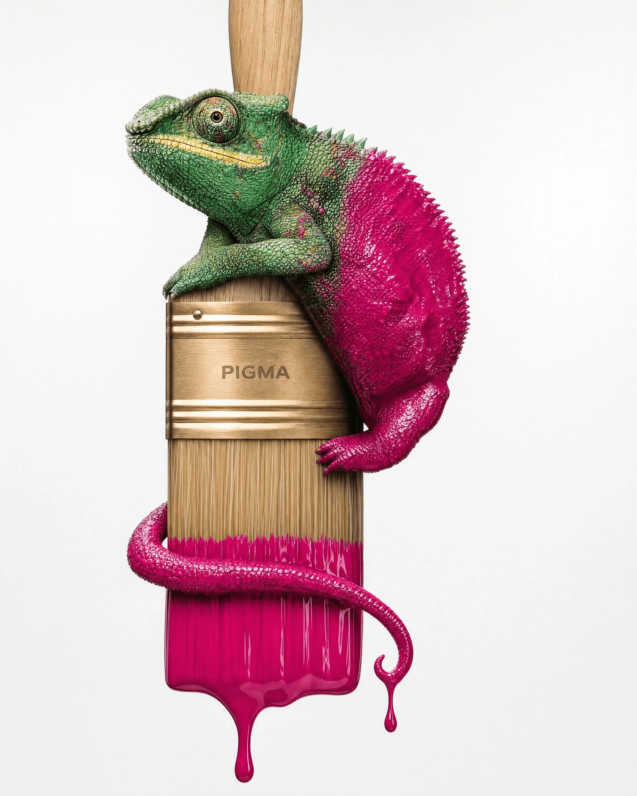 Chameleon turning fuchsia while perched on a PIGMA paintbrush