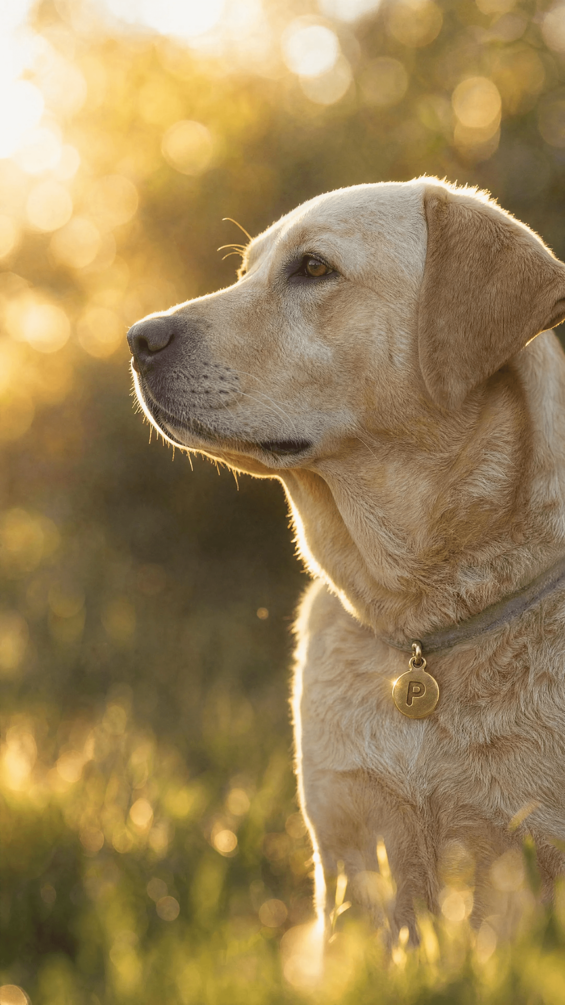 Yellow Labrador in golden bokeh with a sharp brushed-brass POMMY charm