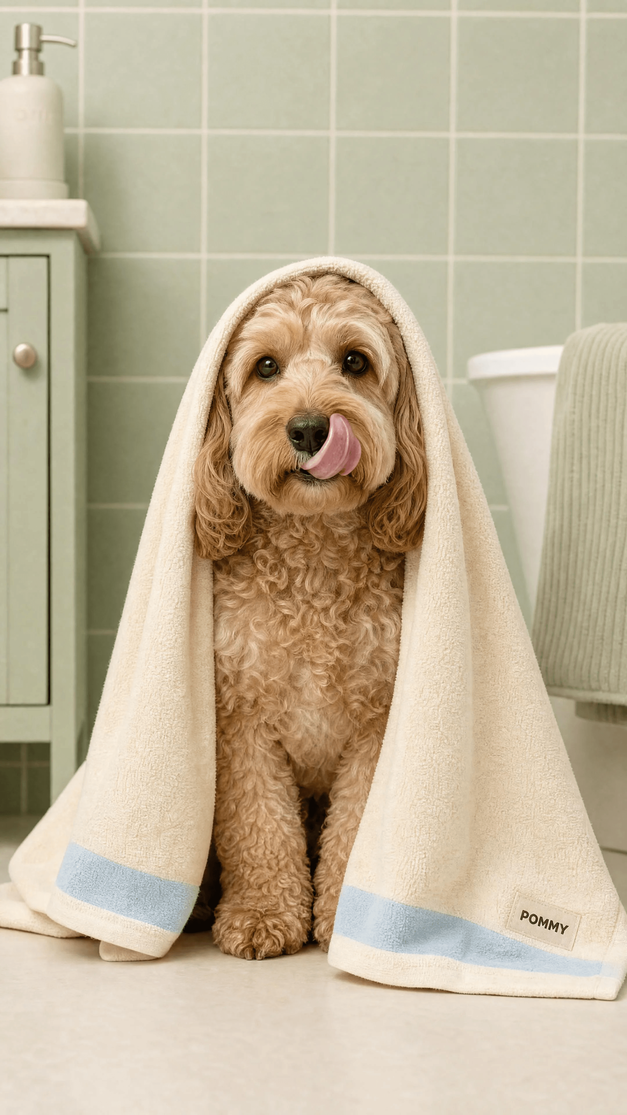 Curly-coated dog under a cream POMMY bath towel in a sage-tiled bathroom