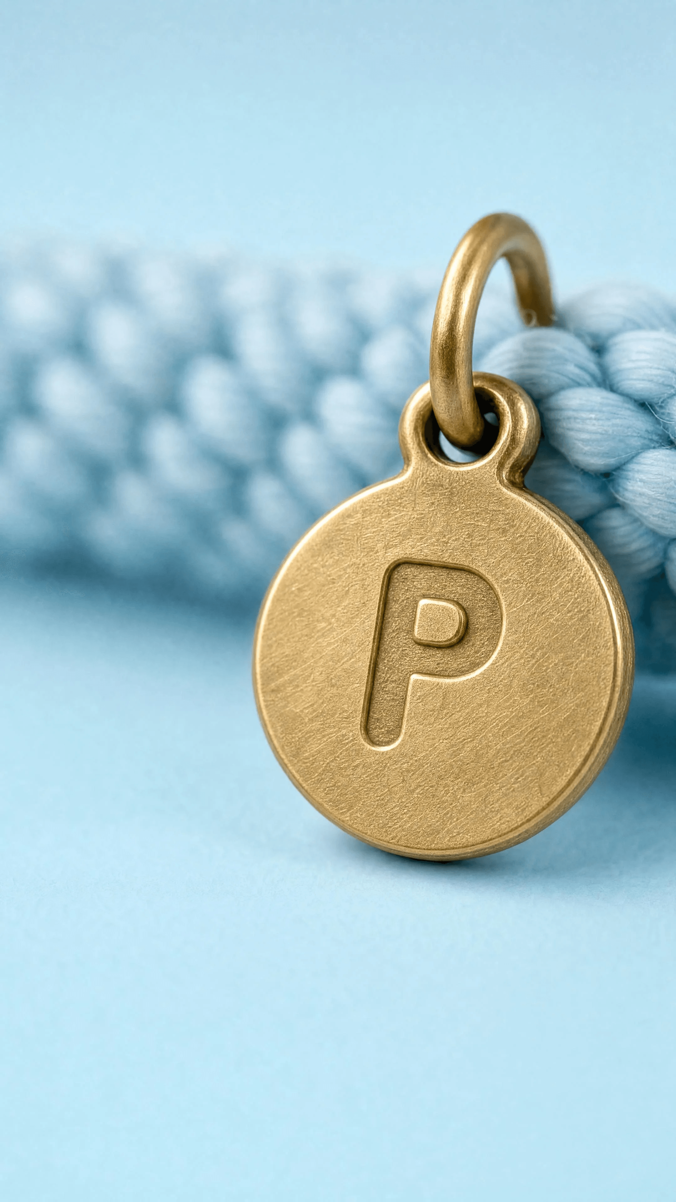 Macro view of a circular brushed-brass POMMY P charm on a rope collar