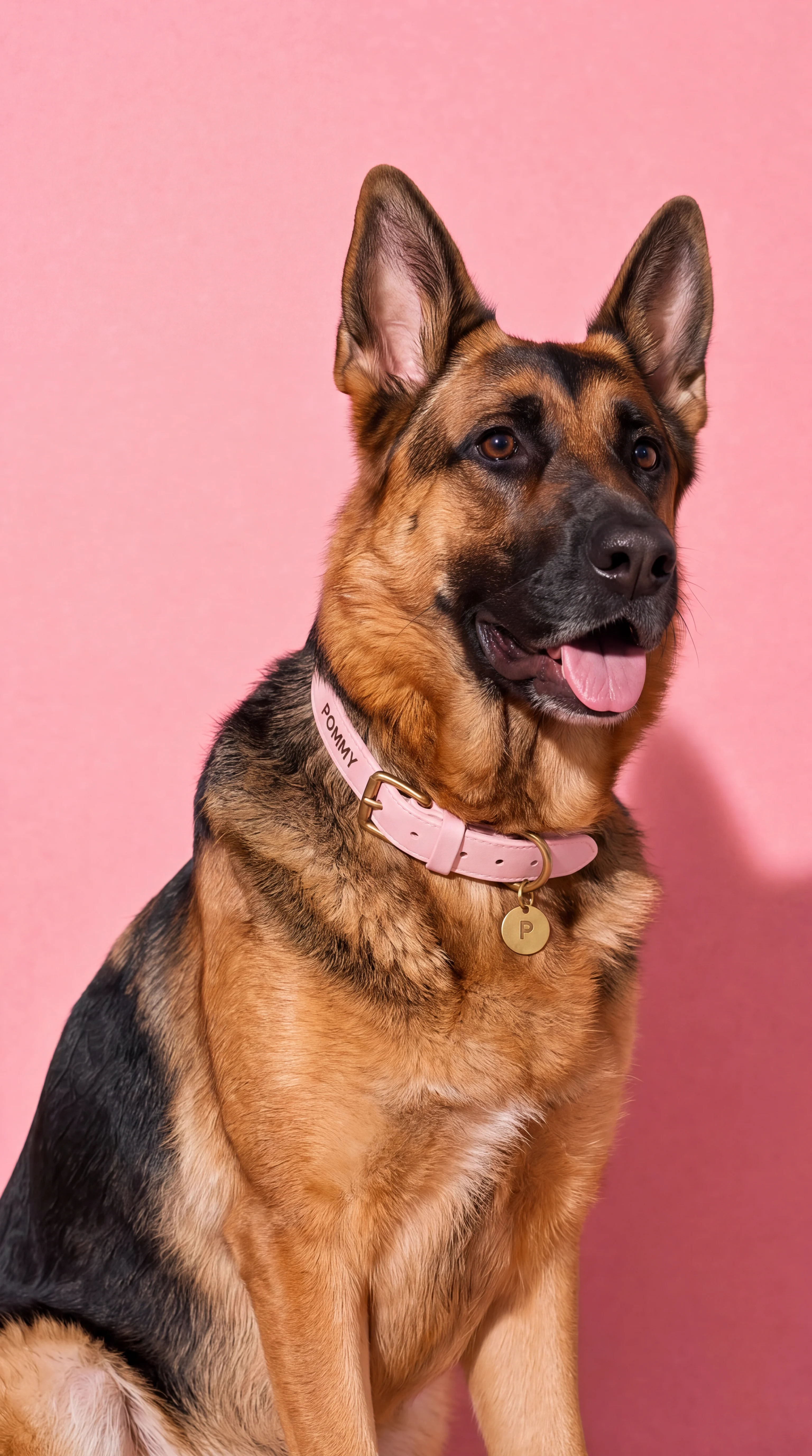 German Shepherd wearing a blush-pink POMMY court collar in a studio hero portrait