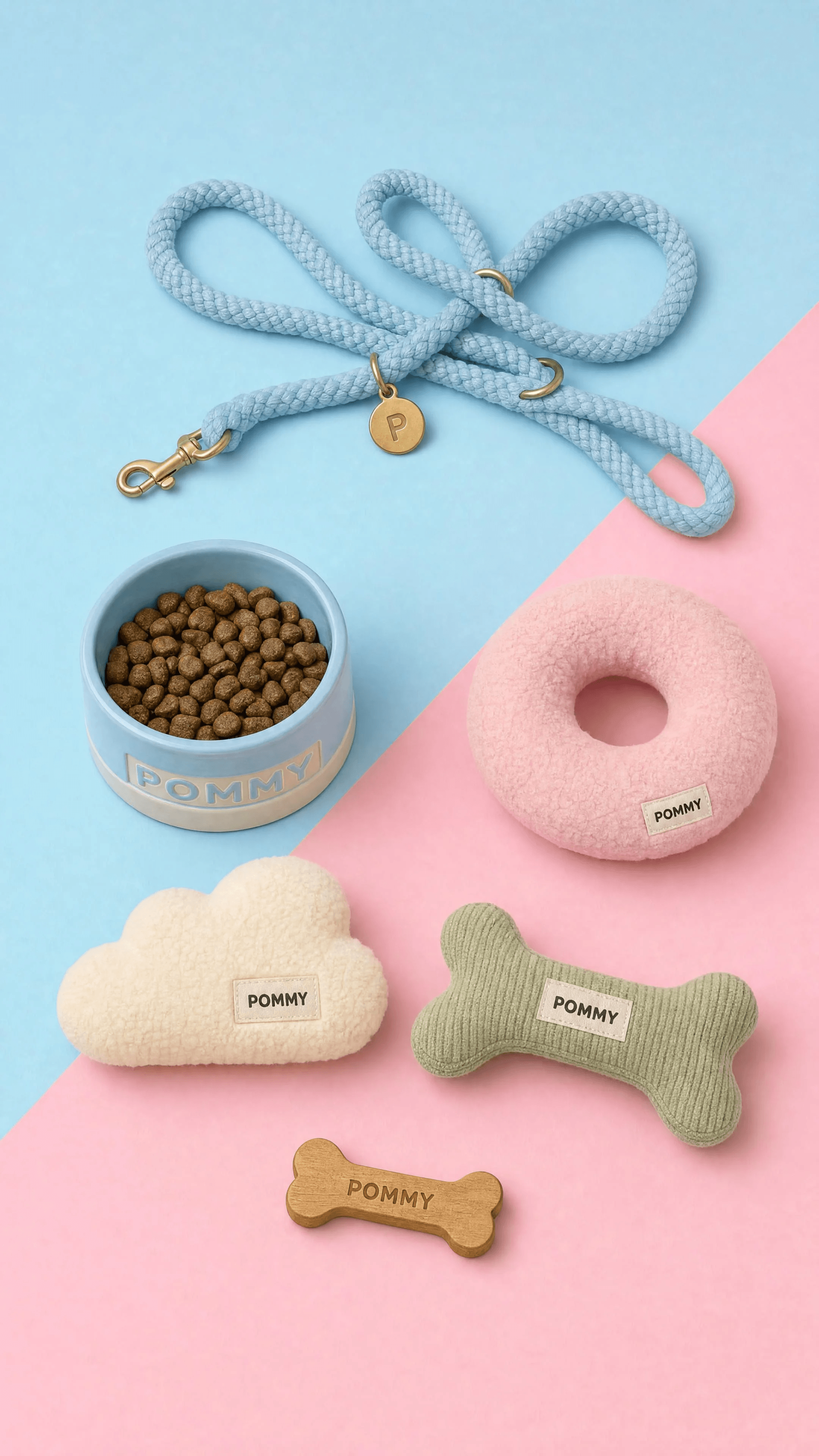 POMMY dog accessories arranged on a sky-blue and blush-pink diagonal flat lay