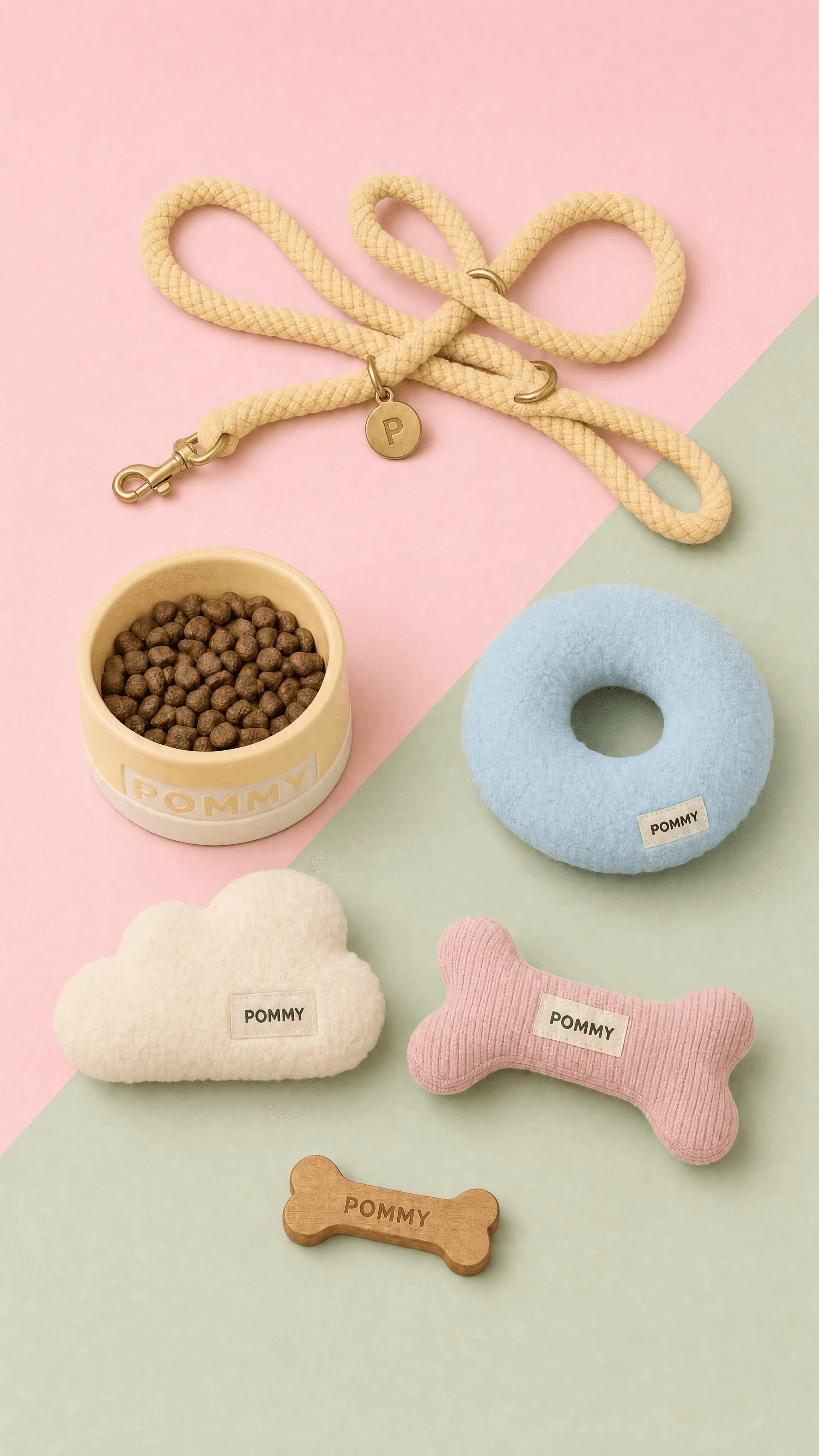 POMMY dog accessories arranged on a blush-pink and sage-green diagonal flat lay