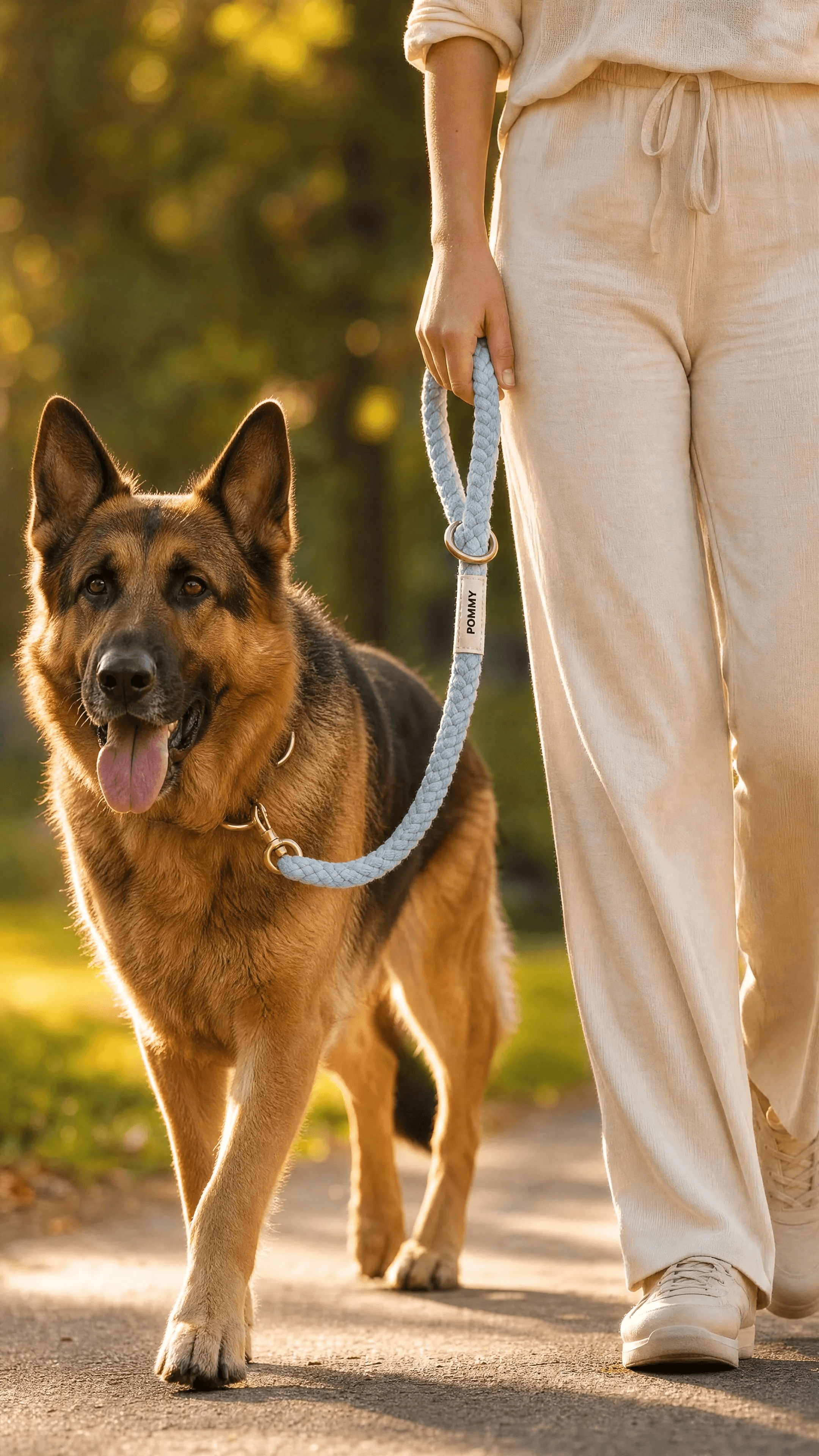 German Shepherd walking at golden hour on a sky-blue POMMY rope leash