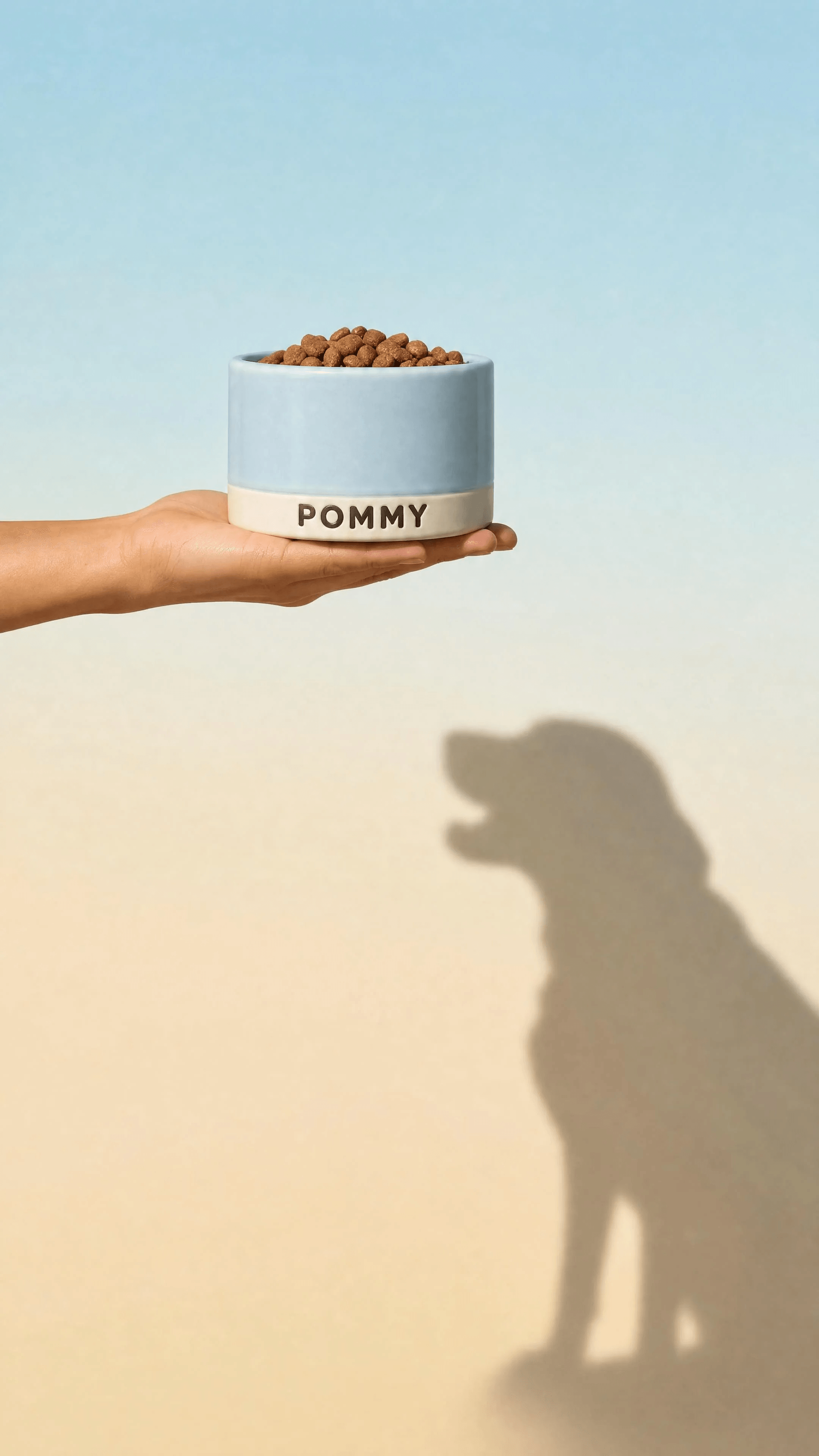 Hand offering a sky-blue POMMY dog bowl beside a large dog shadow