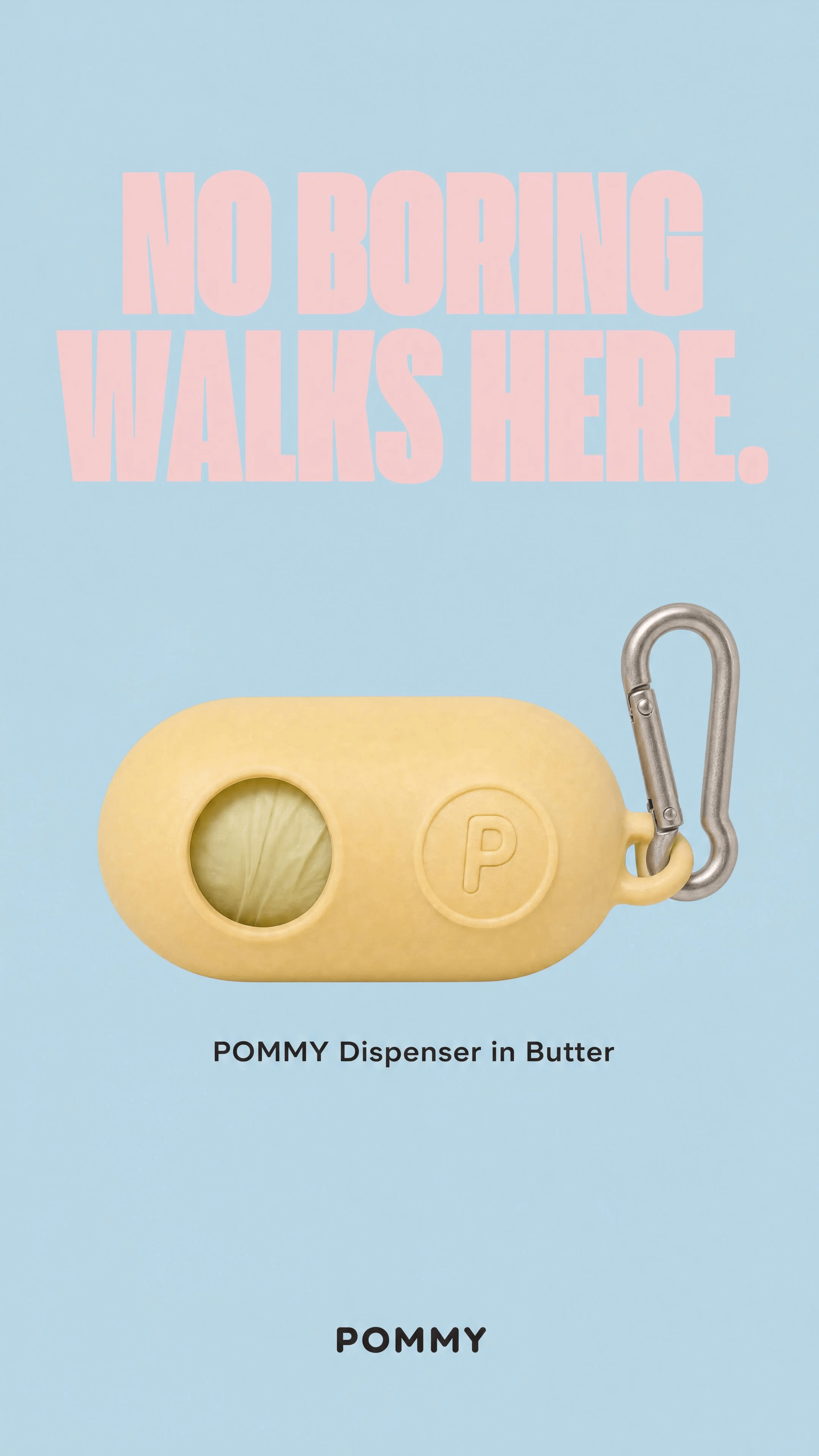 POMMY No Boring Walks brand card featuring a butter-yellow waste-bag dispenser
