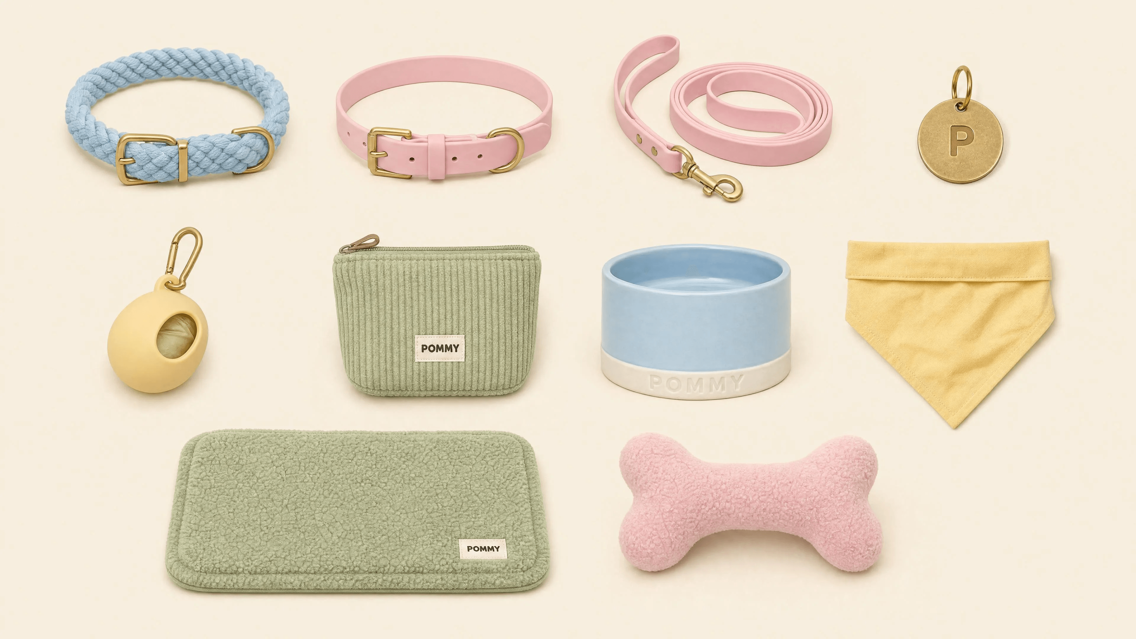 POMMY pastel dog accessories arranged as a clean product catalog grid