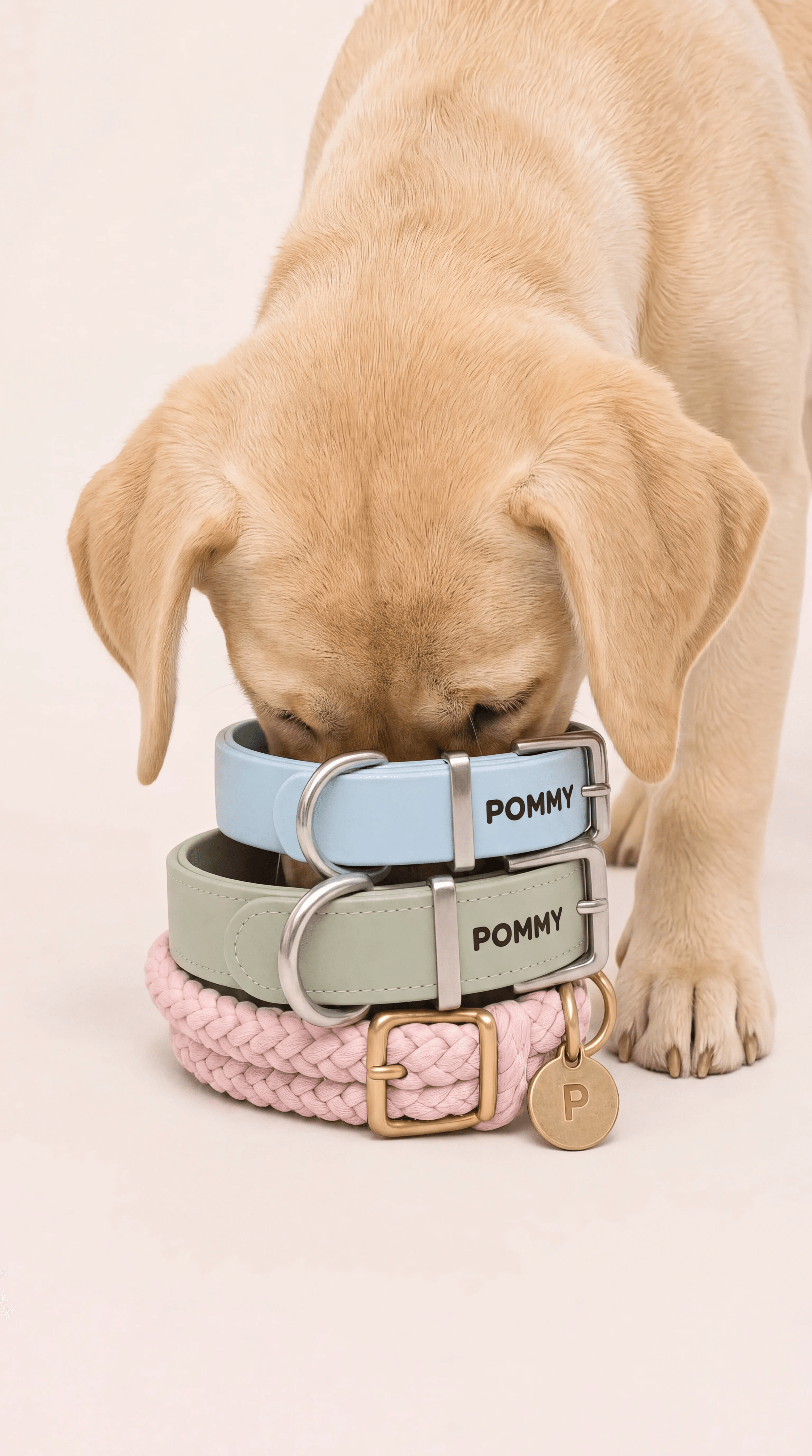 Yellow Labrador puppy sniffing a stack of three pastel POMMY collars