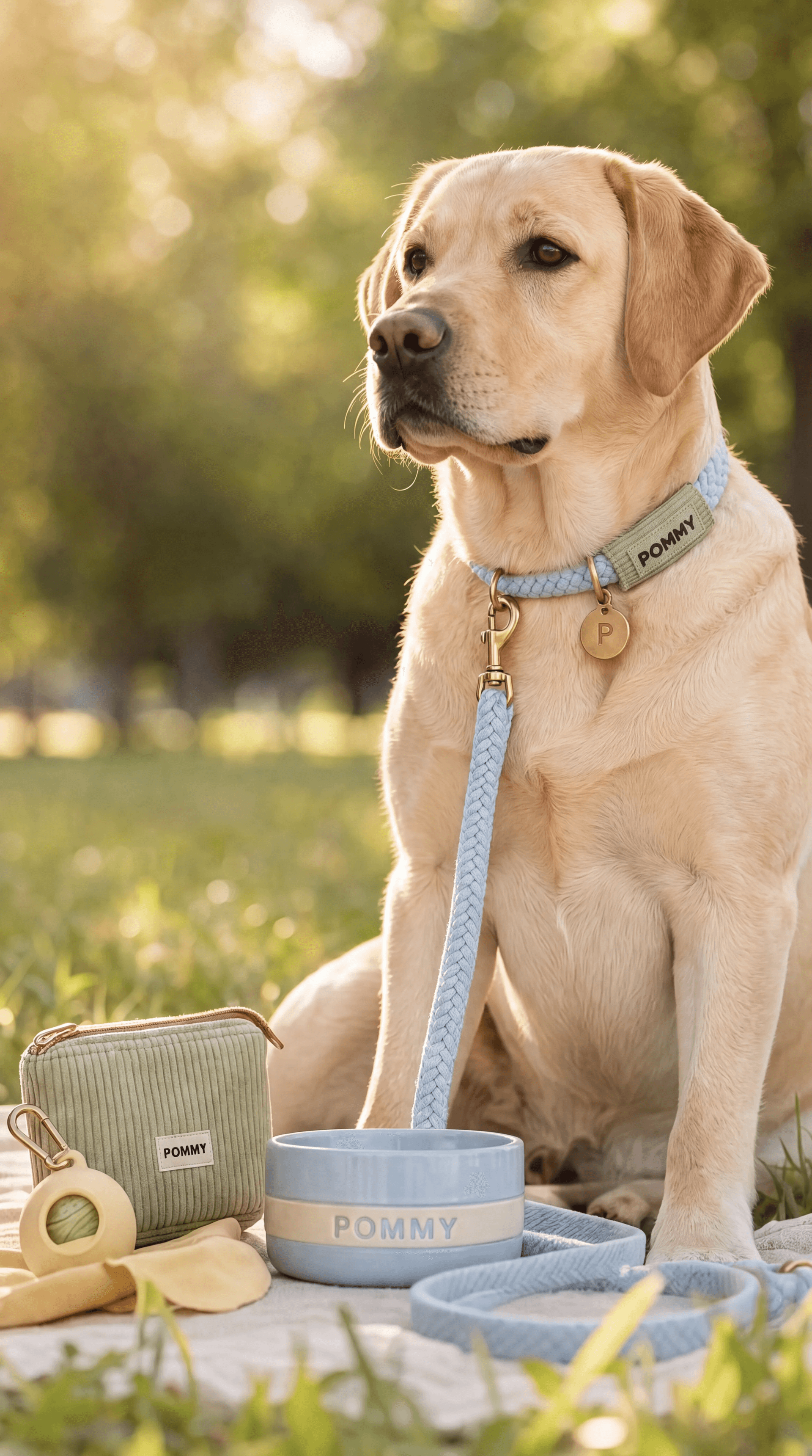 Yellow Labrador wearing a sky-blue POMMY rope collar and leash at golden hour