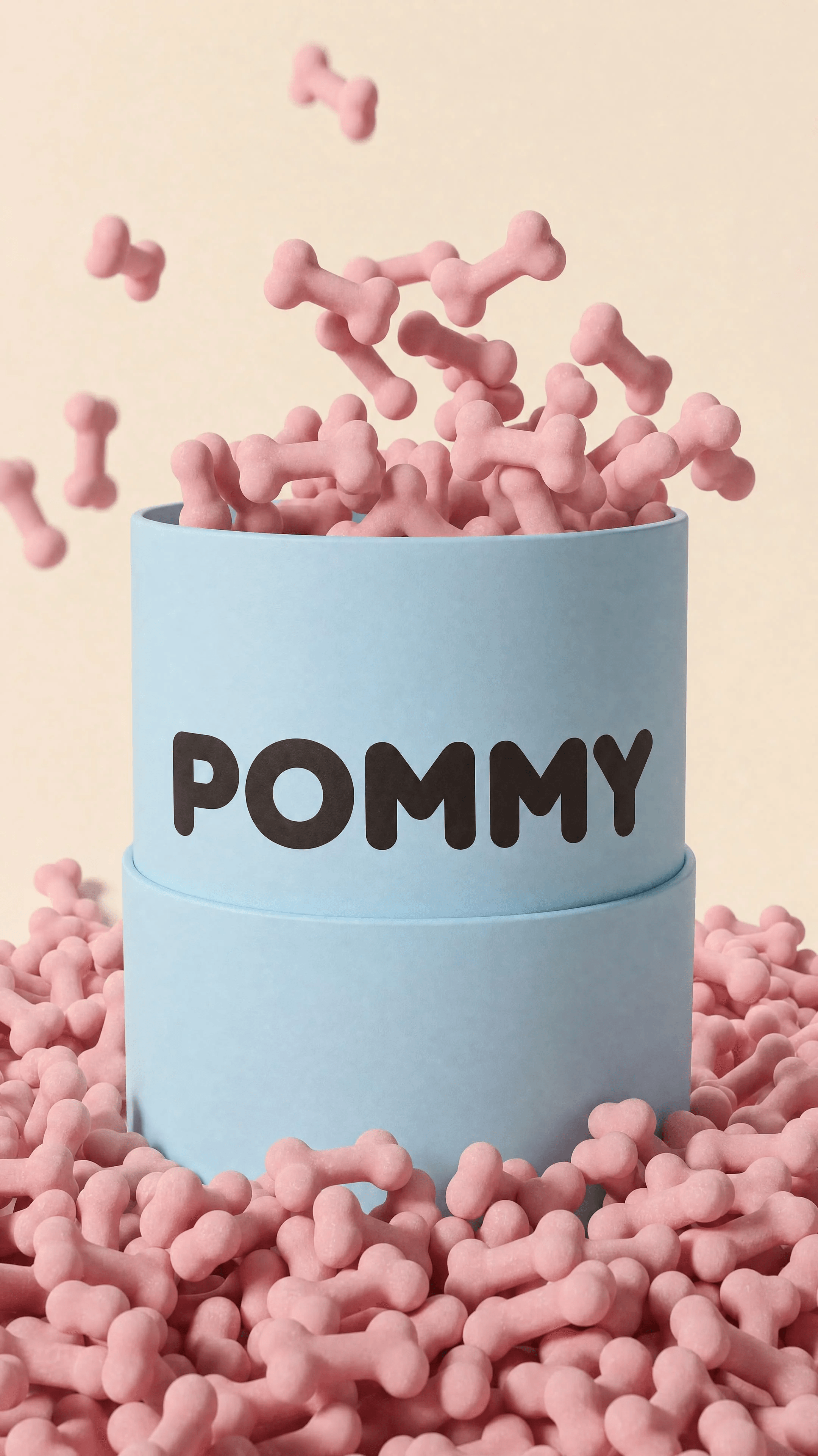 Sky-blue POMMY treats tin with blush-pink bone treats bursting from the open top