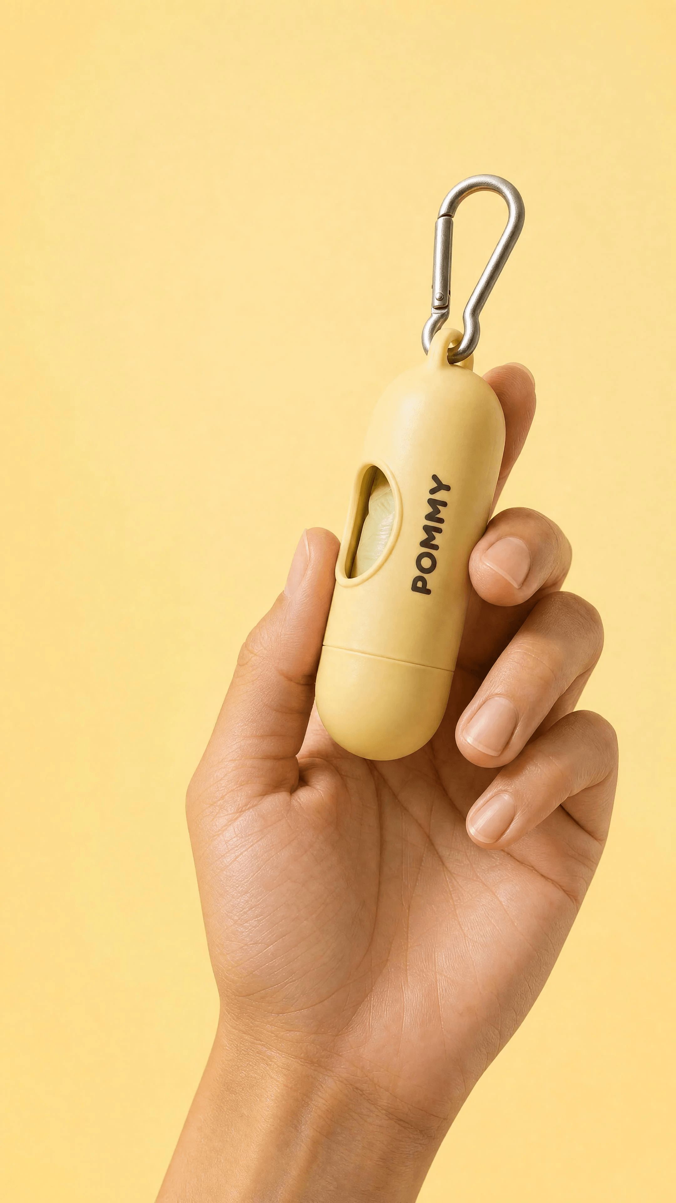 Hand holding a butter-yellow POMMY waste-bag dispenser against a matching backdrop