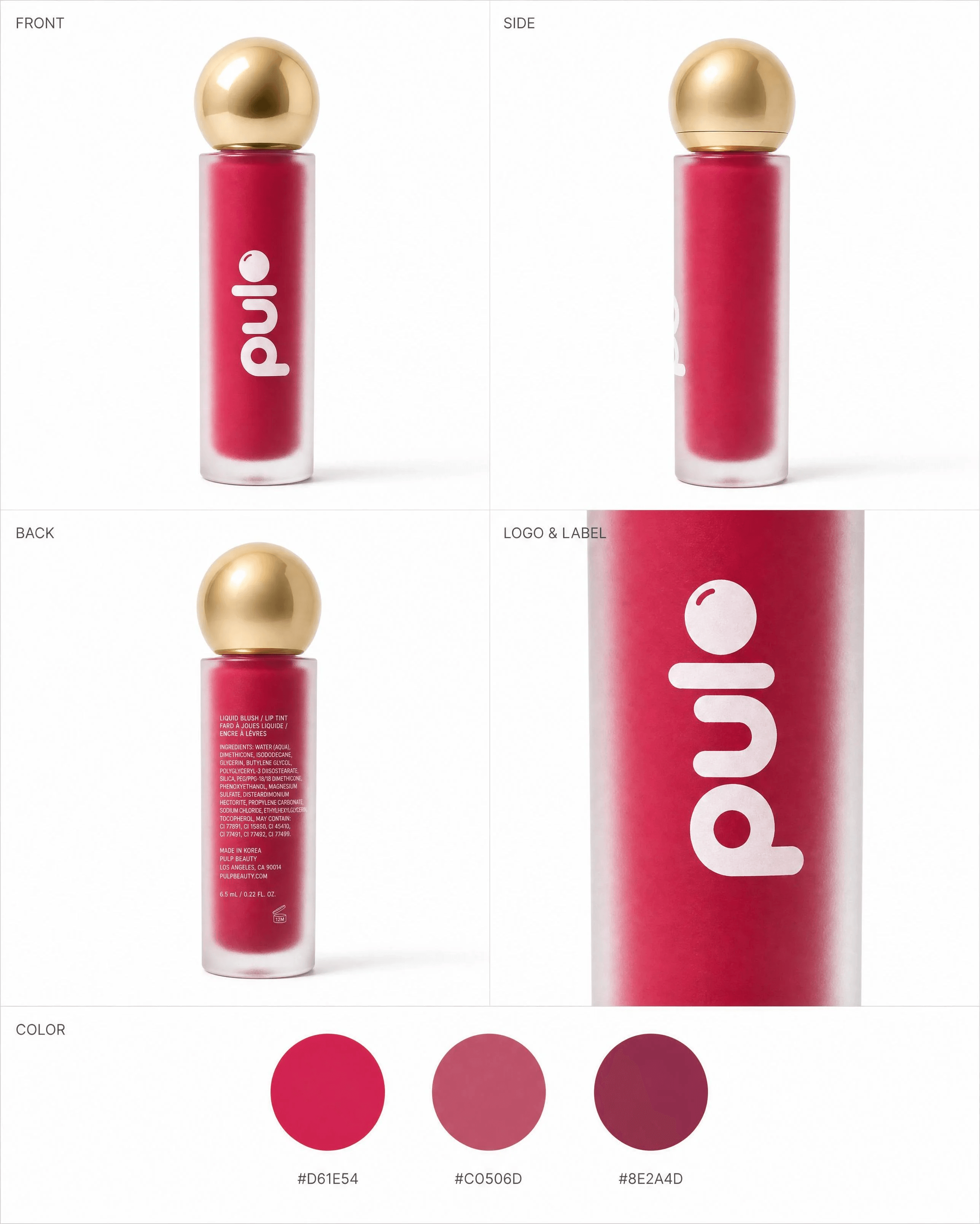 PULP: Product Reference Sheet — Front / Side / Back / Logo & Label + Color