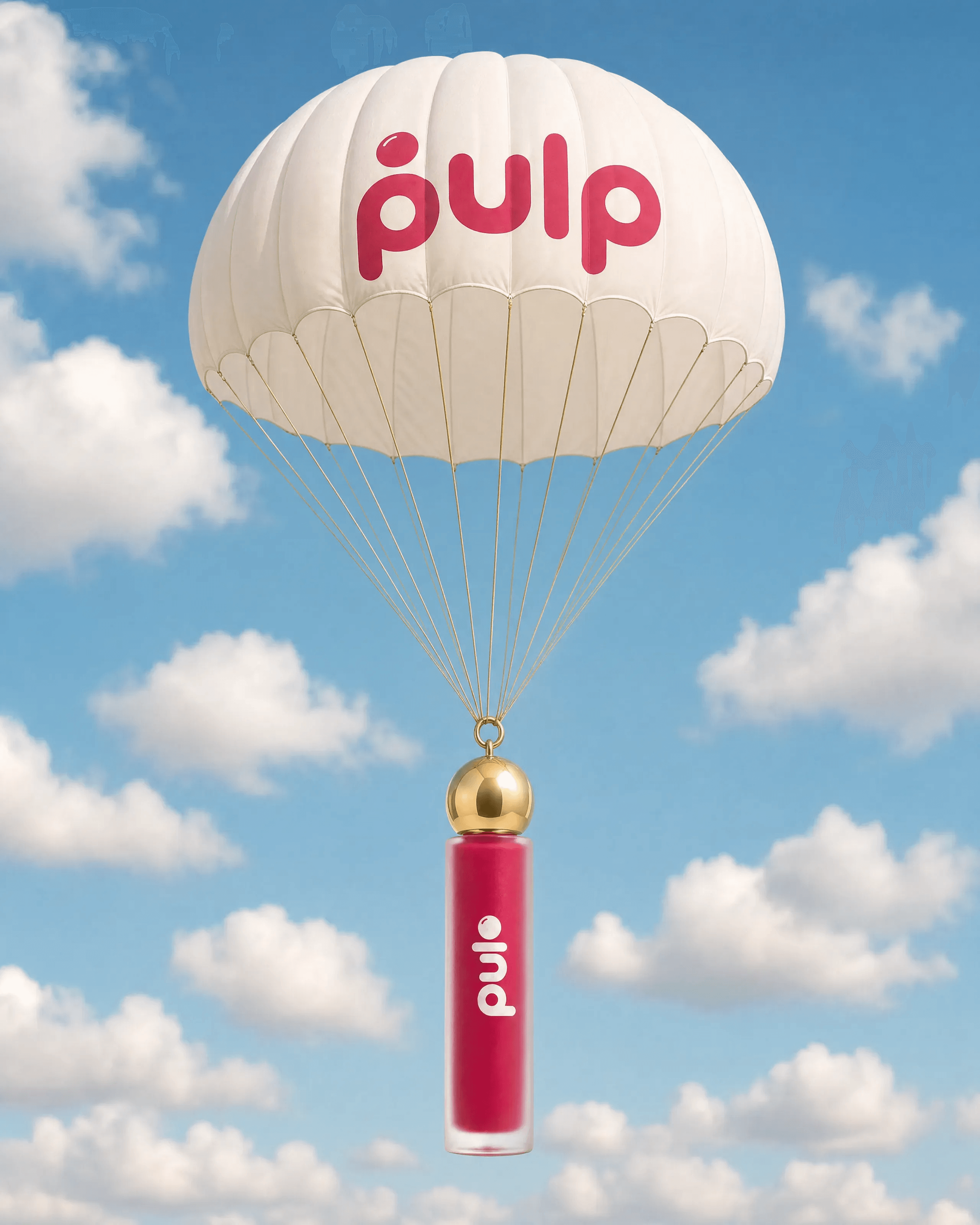 PULP: The Drop-In — Parachute stamped with the wordmark, carried through open sky