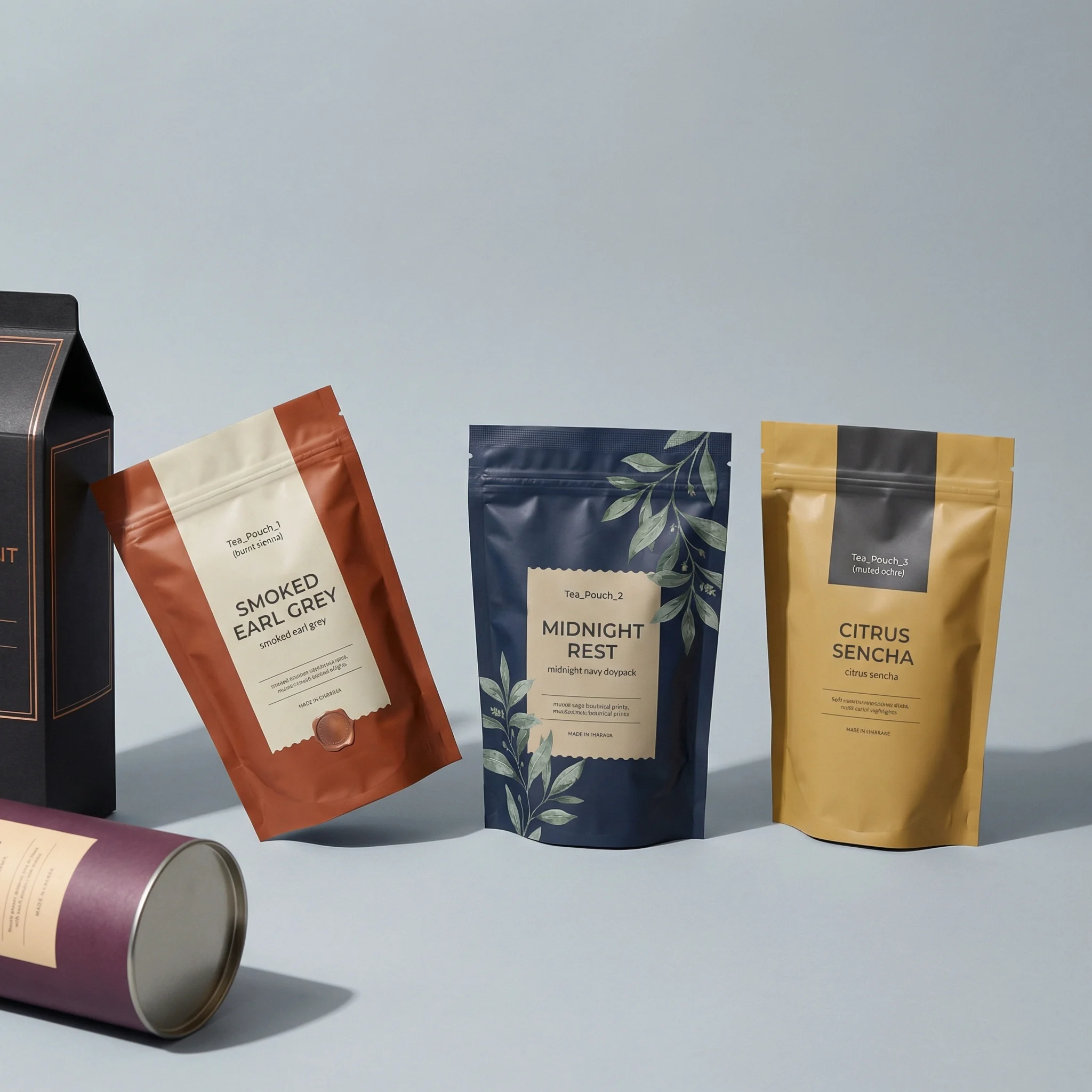 Tea Pouch Collection scene example for Shopify Product Image Guide for Ecommerce Teams