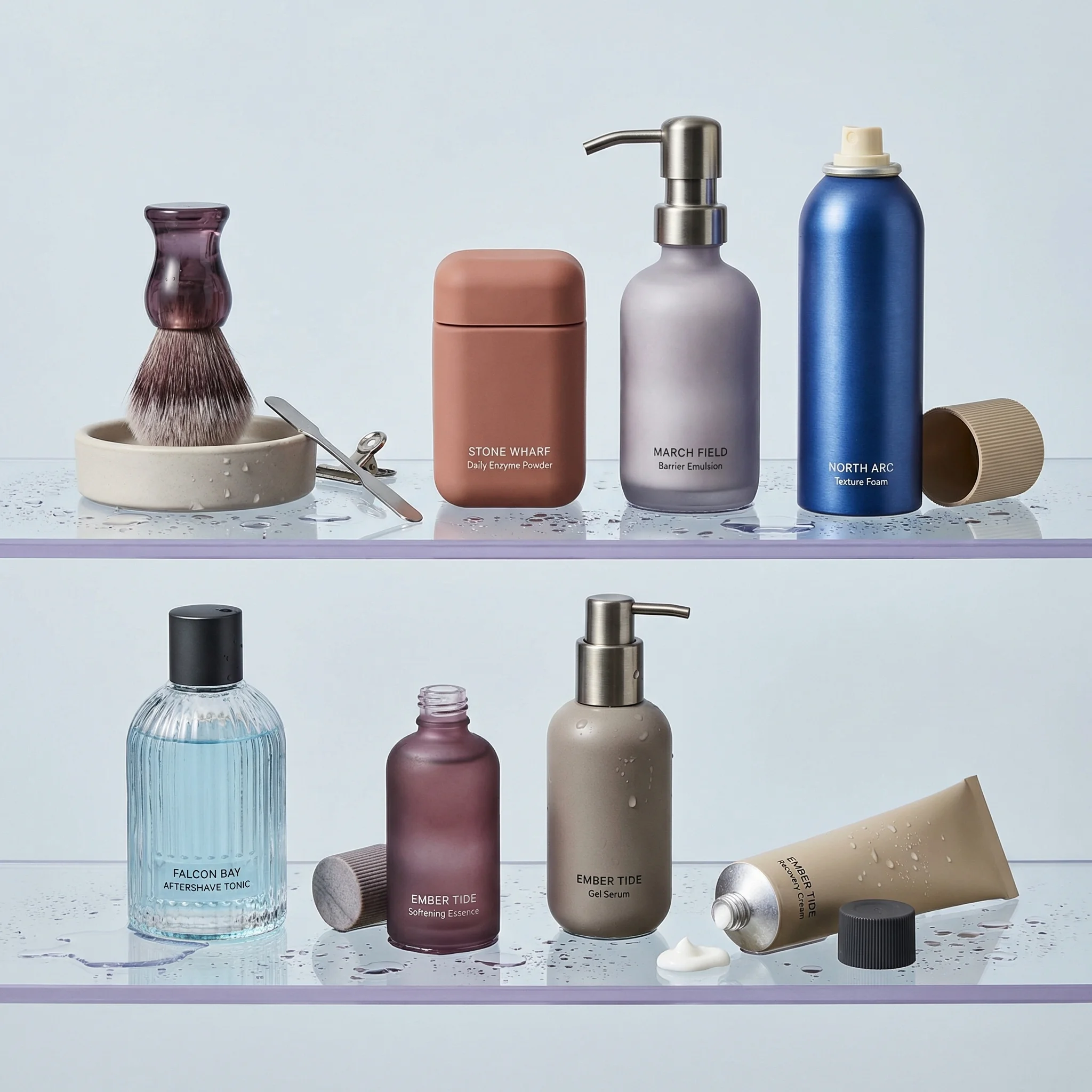 Wet Shelf Care Edit scene example for Skincare Product Photography Ideas