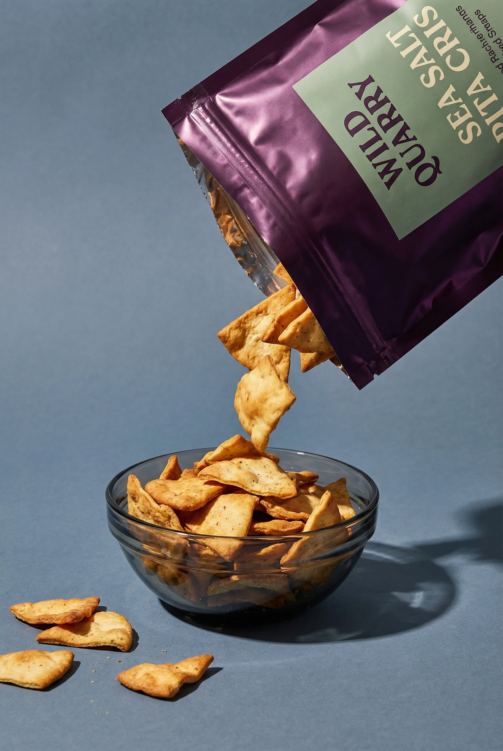 Pouring Pita Crisps scene example for Snack Product Photography Ideas