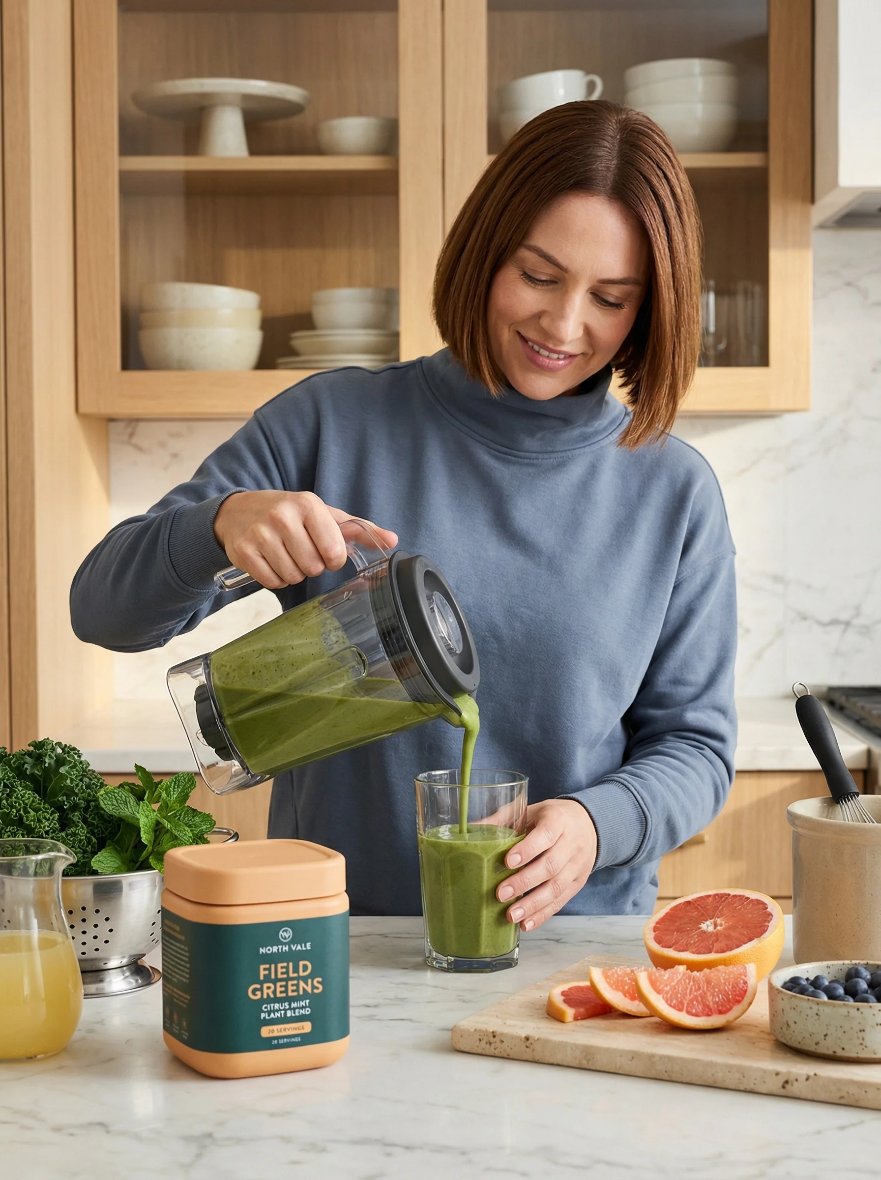 Greens Smoothie Pour scene example for Supplement Product Photography Ideas