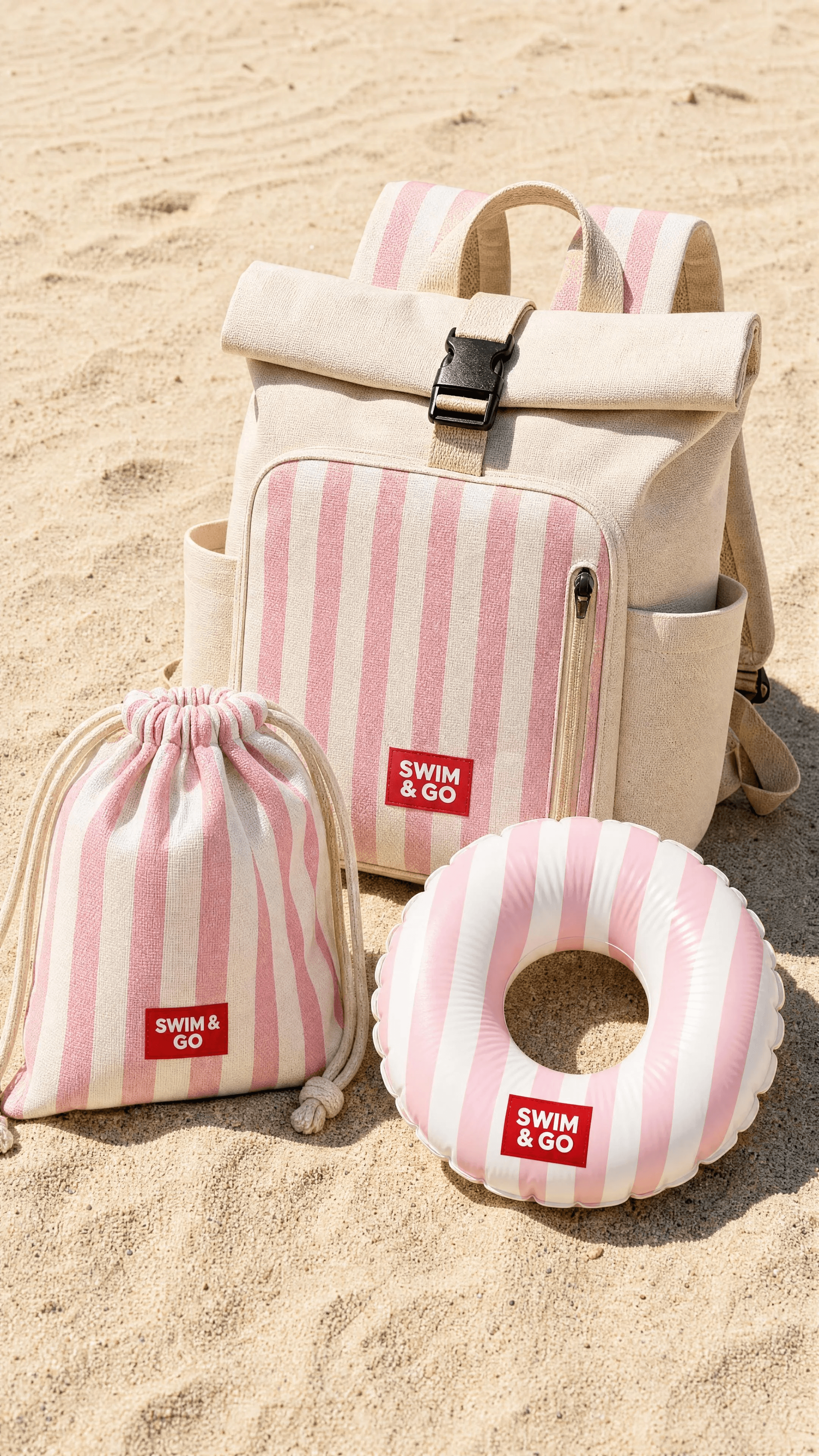 Pink-striped SWIM & GO backpack, pouch, and neck float on sand