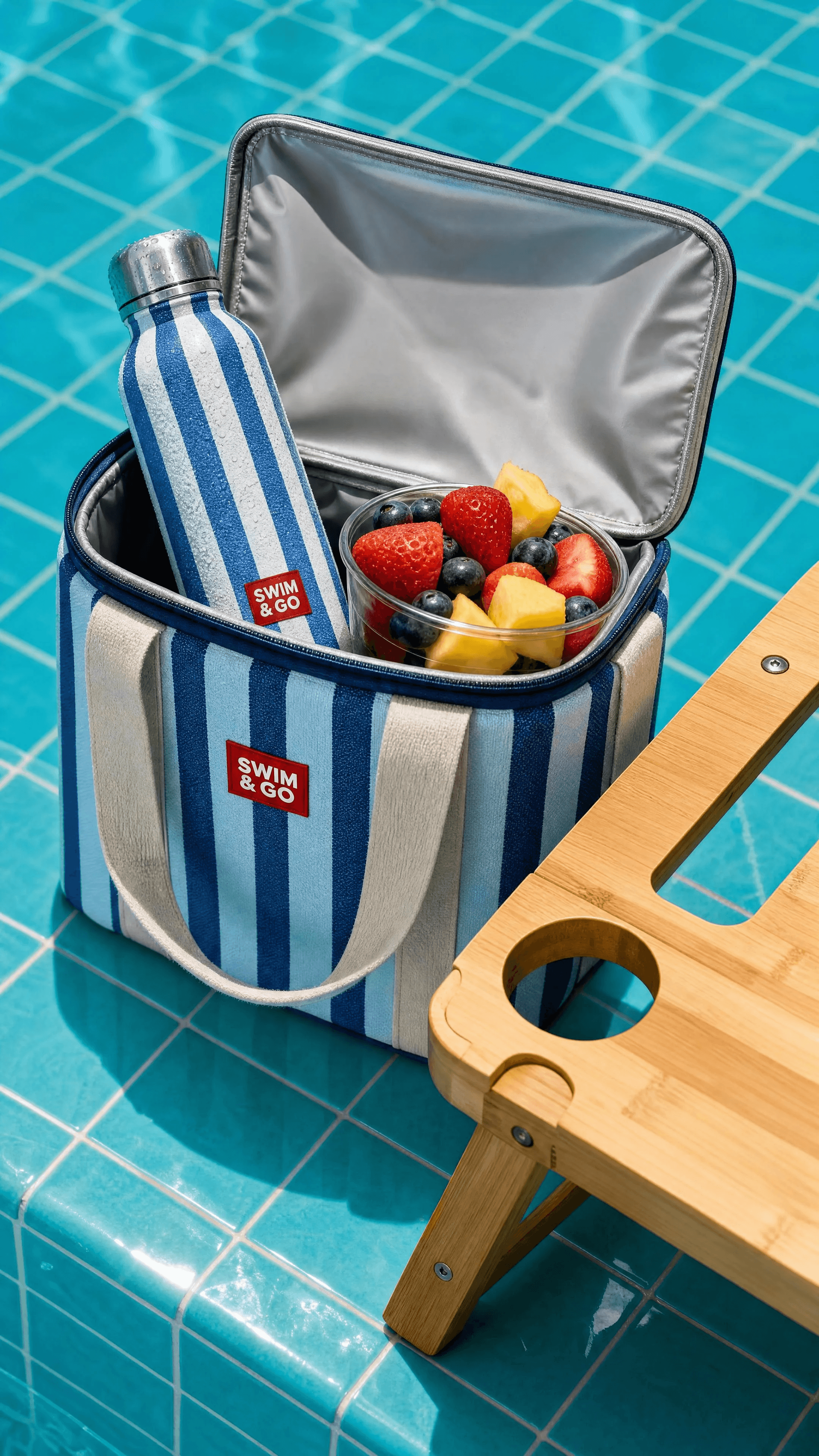 Open SWIM & GO cooler with drinks, fruit, and a bamboo table