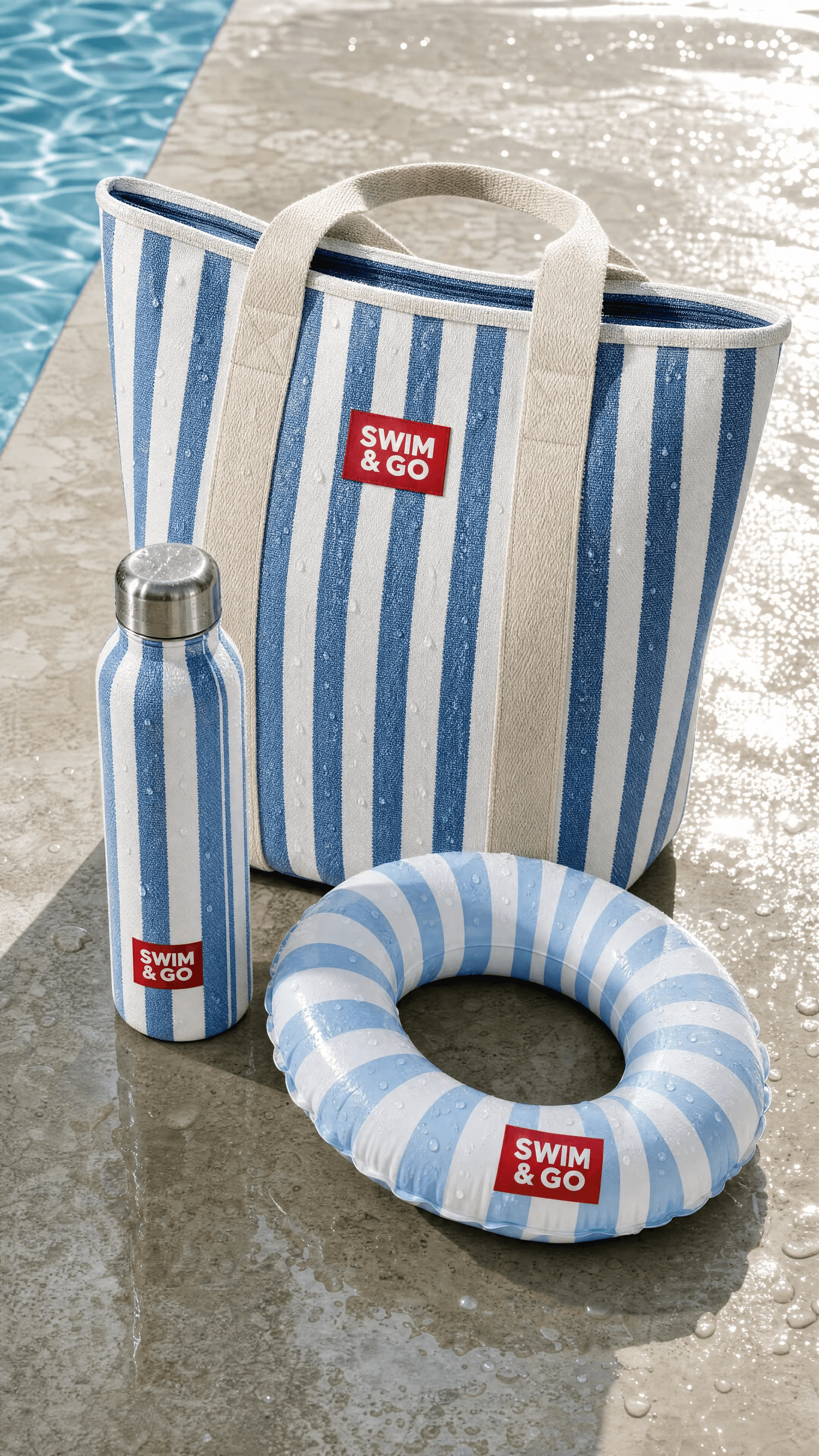 SWIM & GO tote, bottle, and float on a wet poolside deck