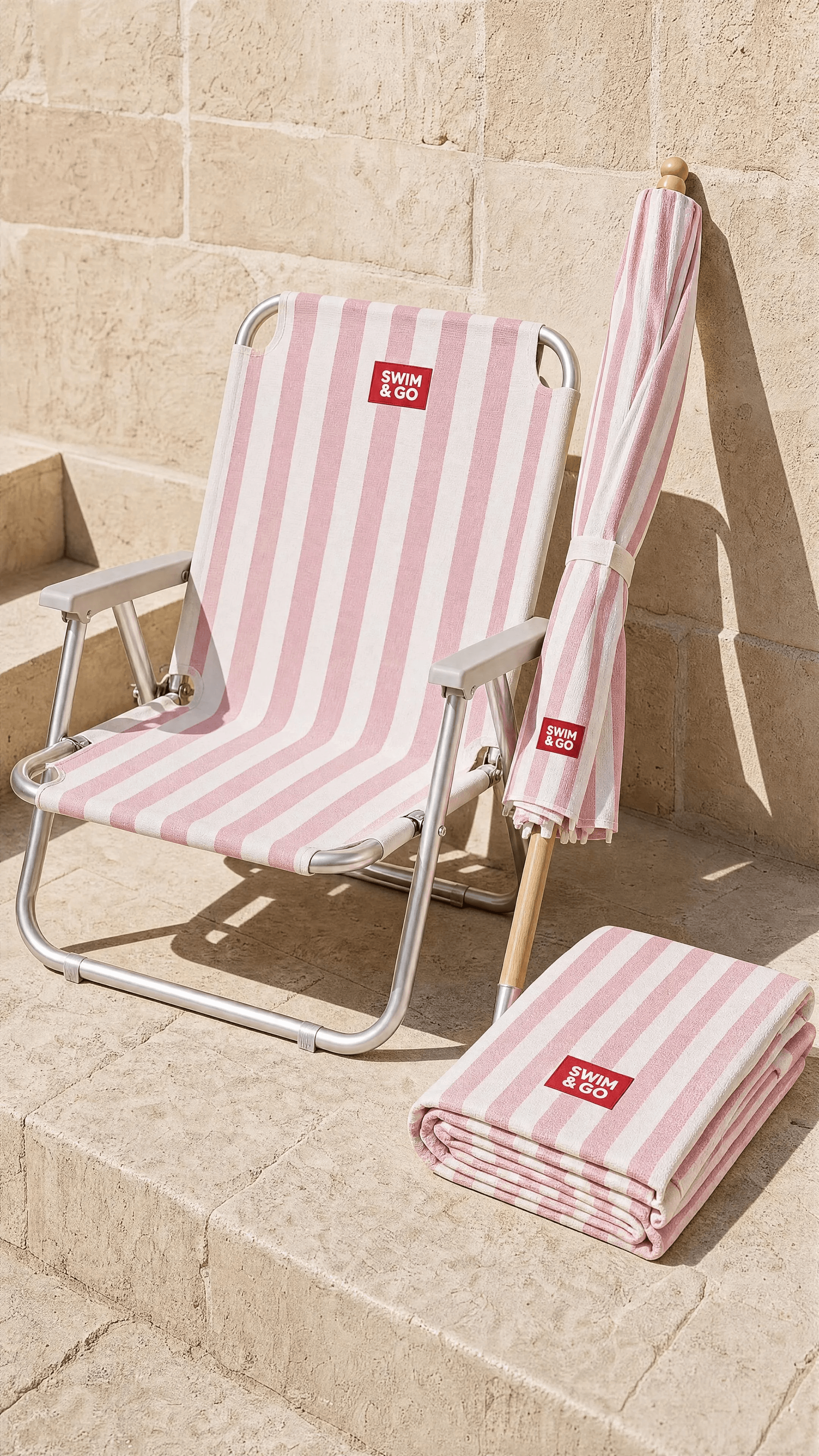 Pink-striped SWIM & GO chair, umbrella, and blanket