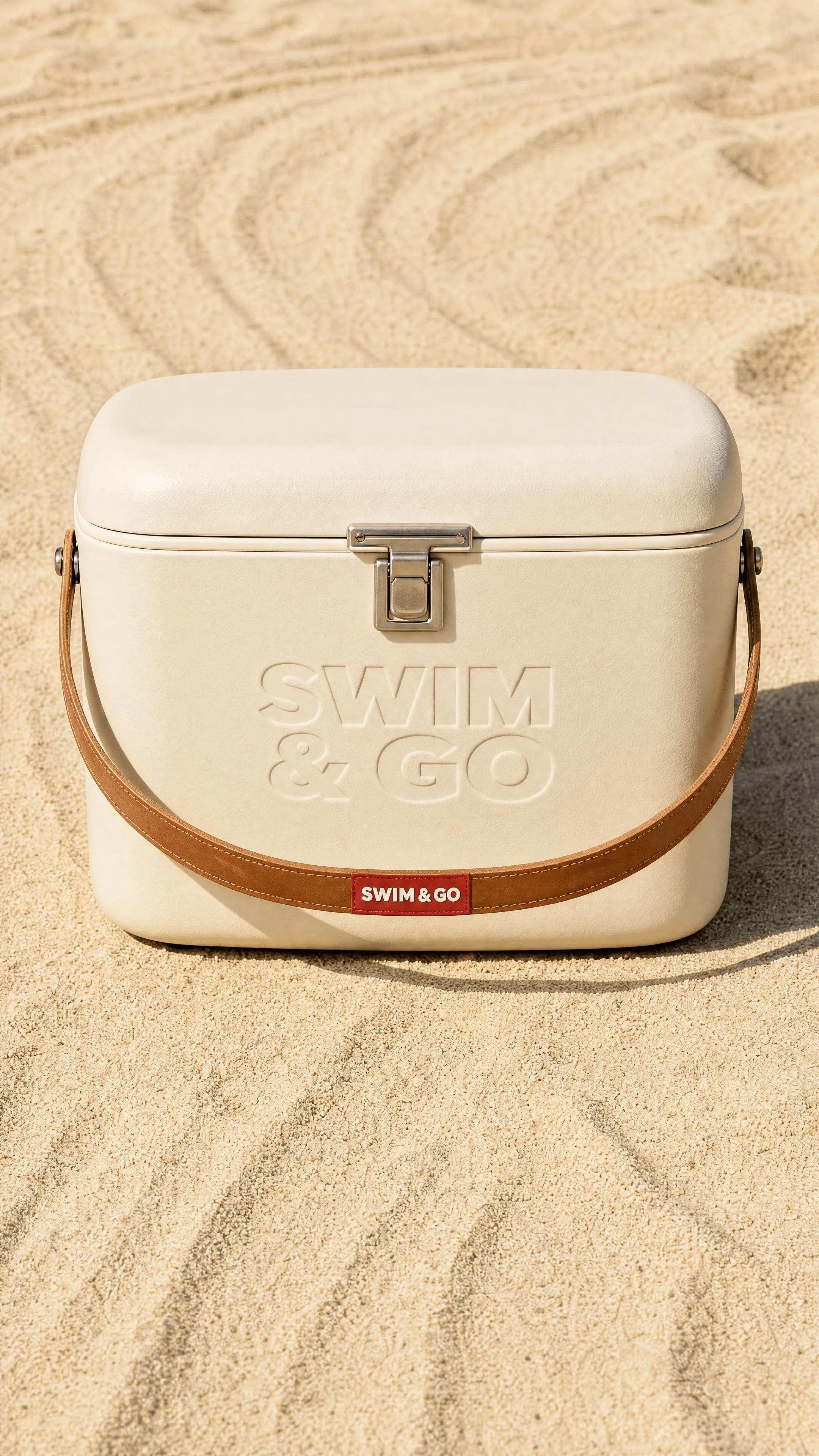Cream SWIM & GO retro cooler with leather carry strap