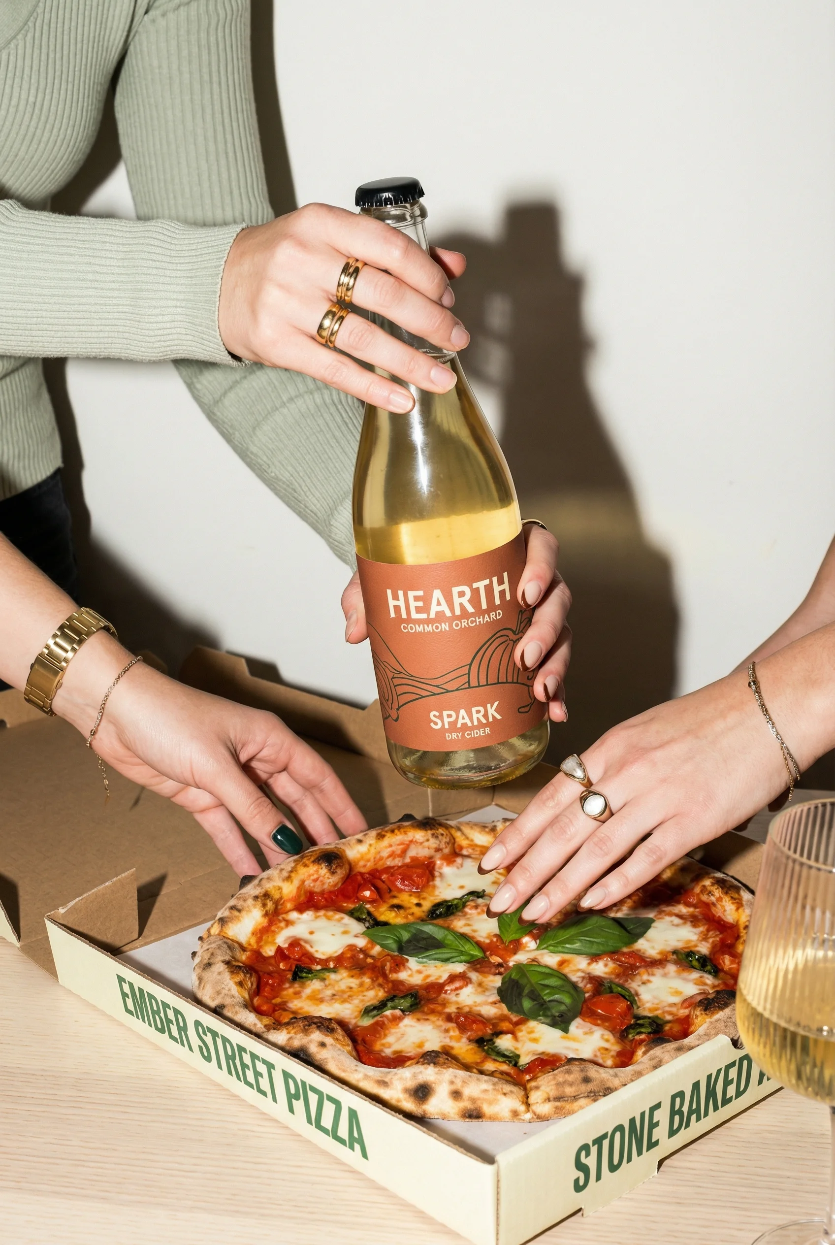Cider Pizza Night scene example for UGC-Style Product Photography