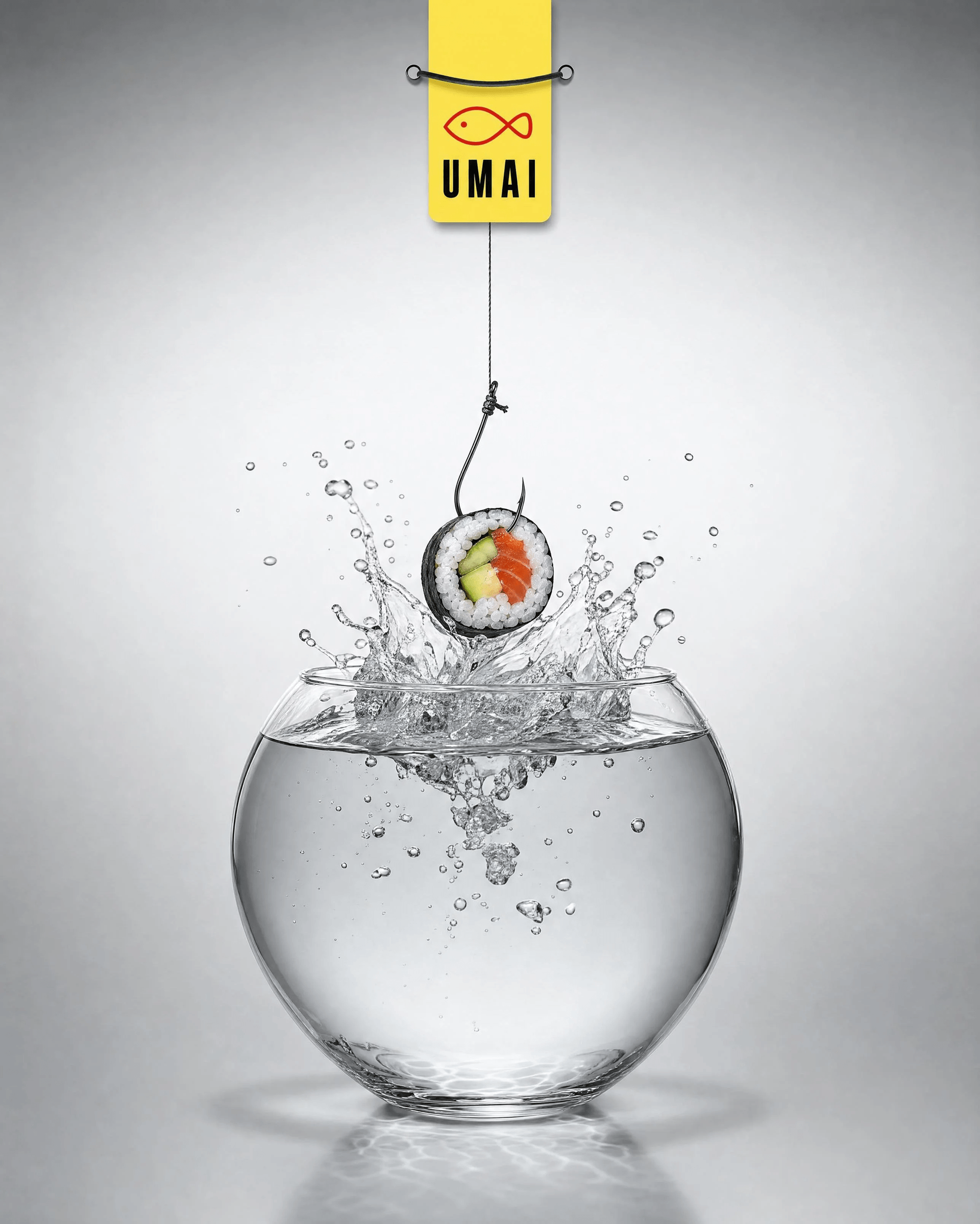 UMAI maki roll suspended above a splashing fishbowl
