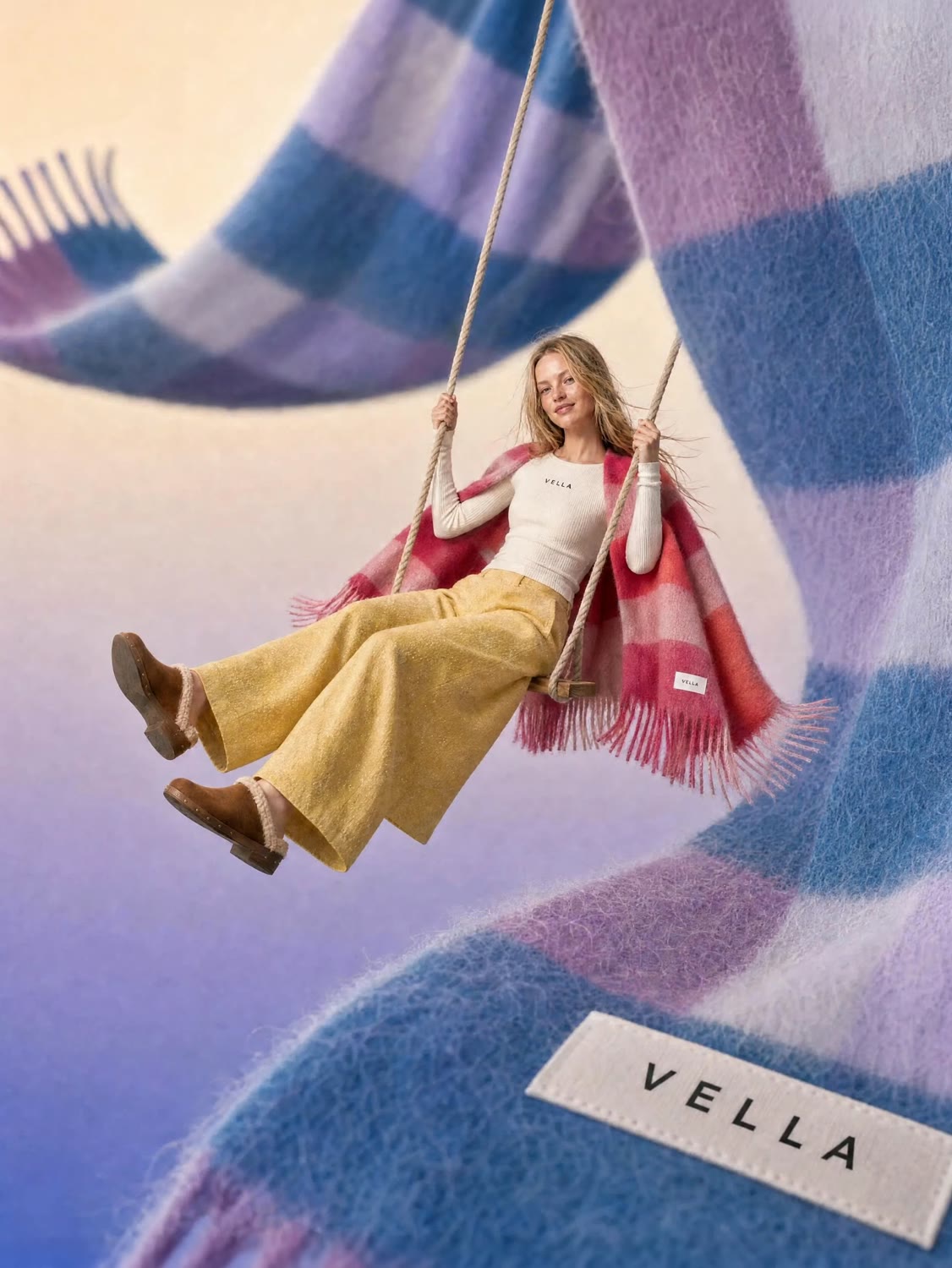 Model on a swing between giant blue and lavender VELLA MORA cape panels
