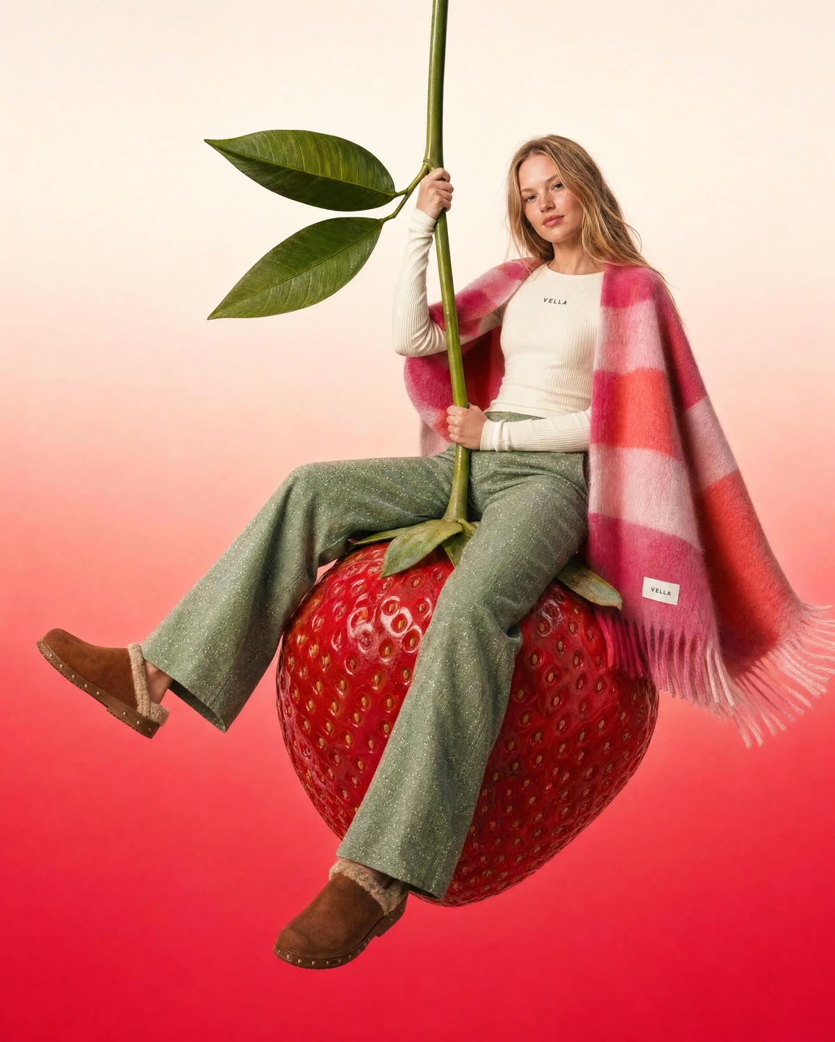 Model wearing a VELLA FRESA cape while seated on a giant strawberry