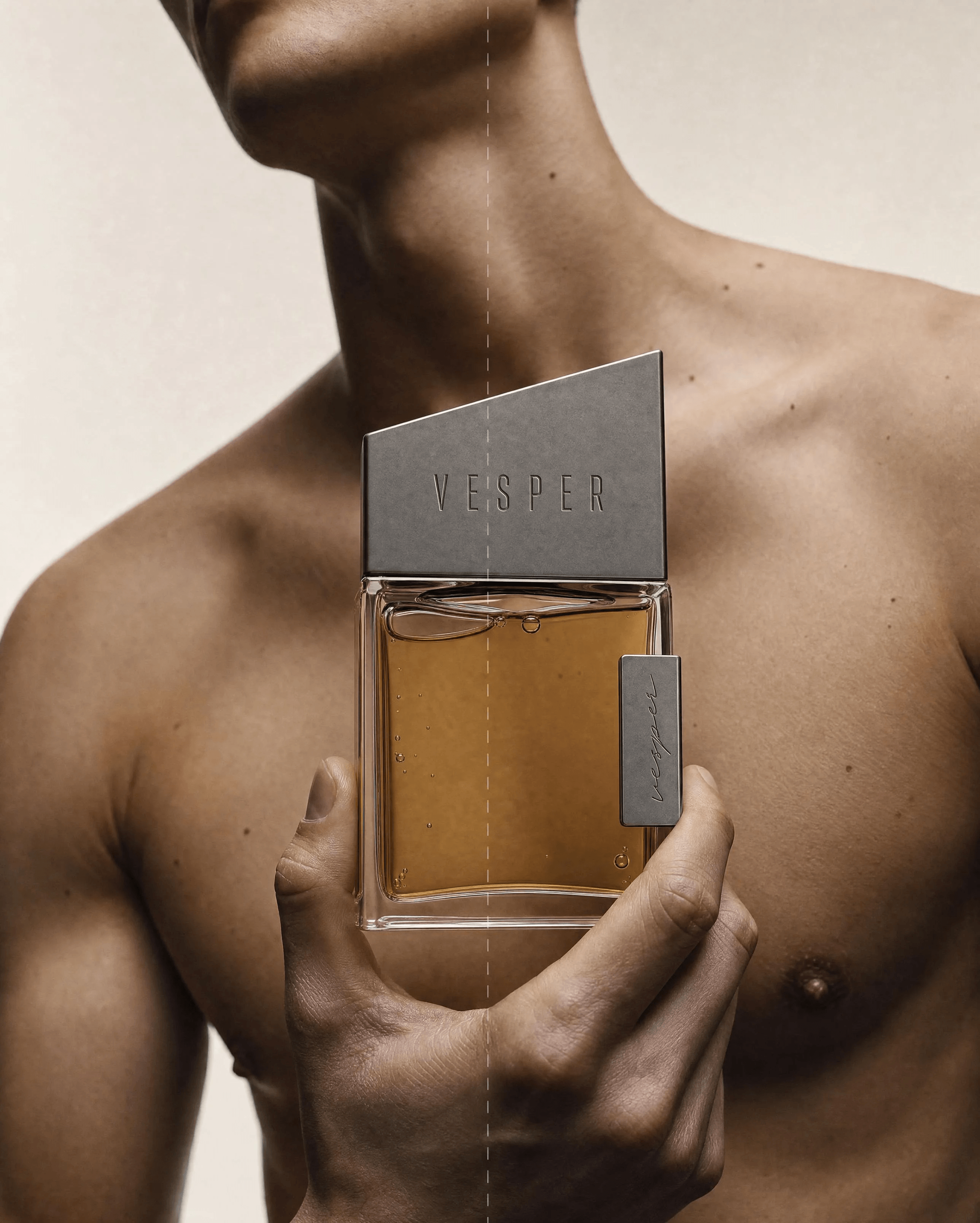 VESPER: The Hold — Editorial portrait, bottle at chest height
