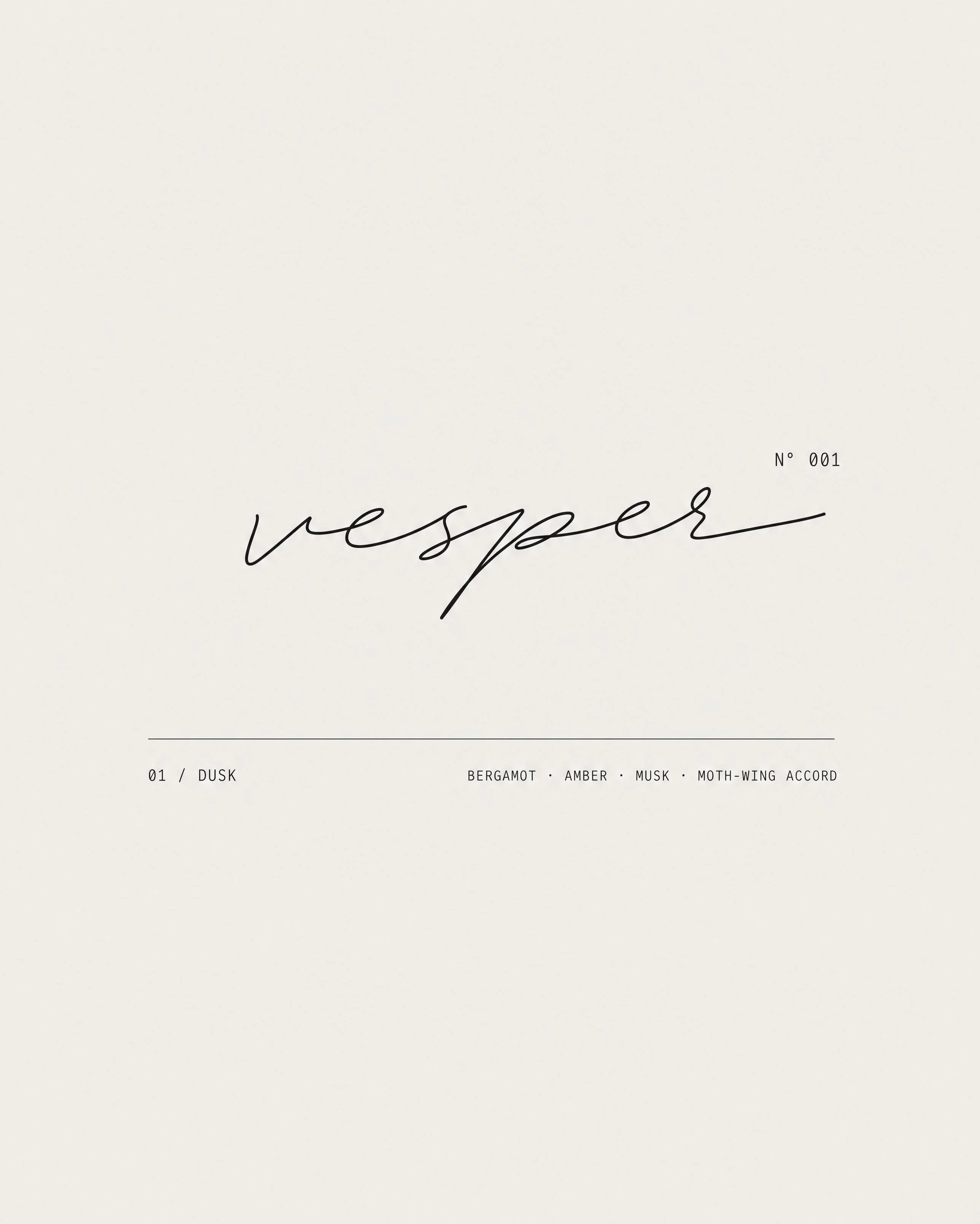 VESPER: Wordmark Card — Cursive signature closing card, with notes row