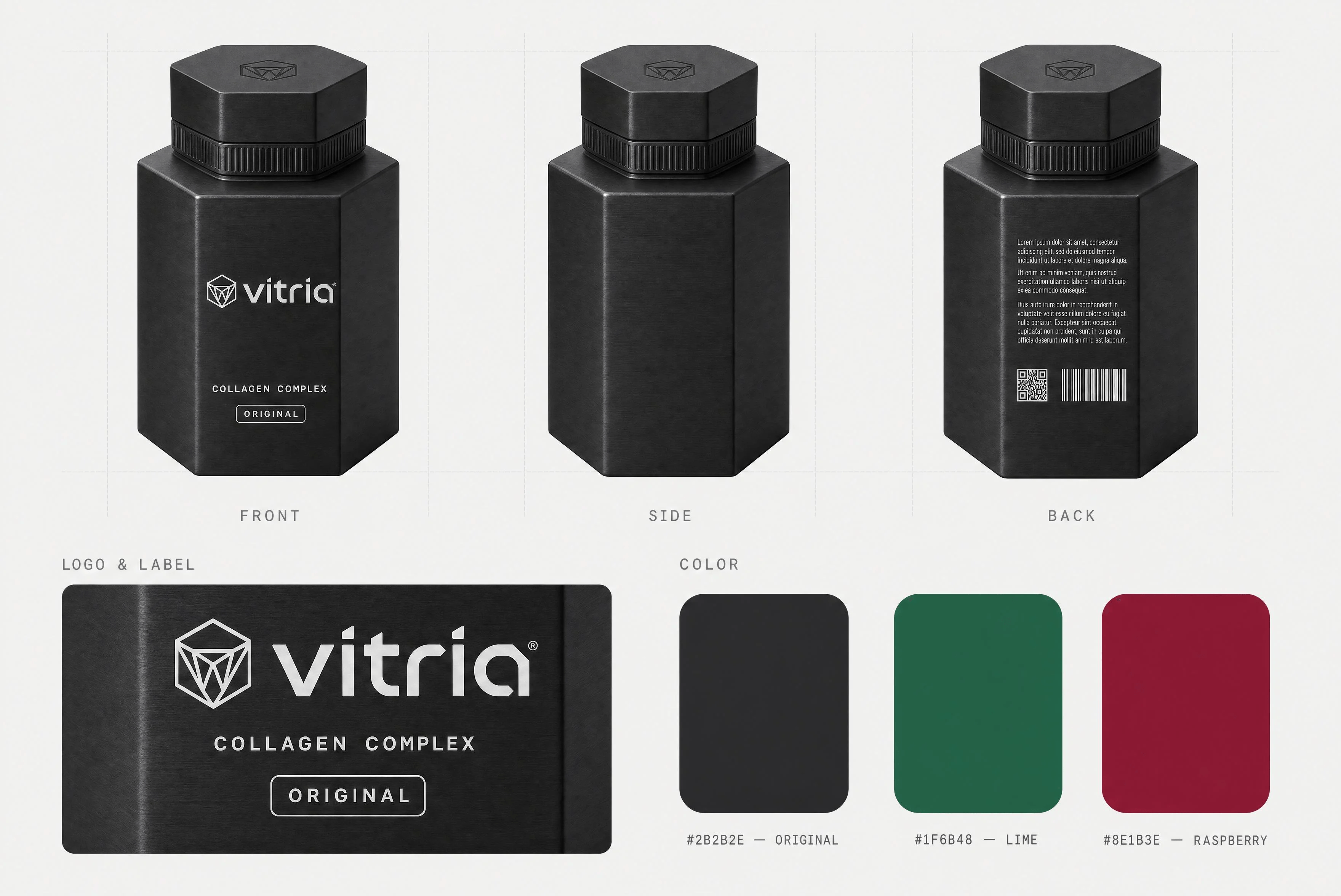 VITRIA: Product Reference Sheet — Front / Side / Back + Logo & Label + Color