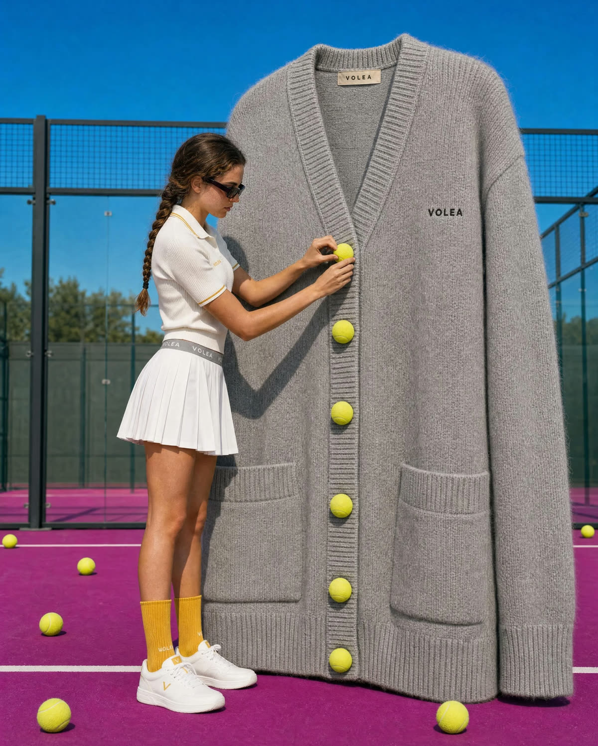 VOLEA player fastening padel-ball buttons on a giant grey cardigan