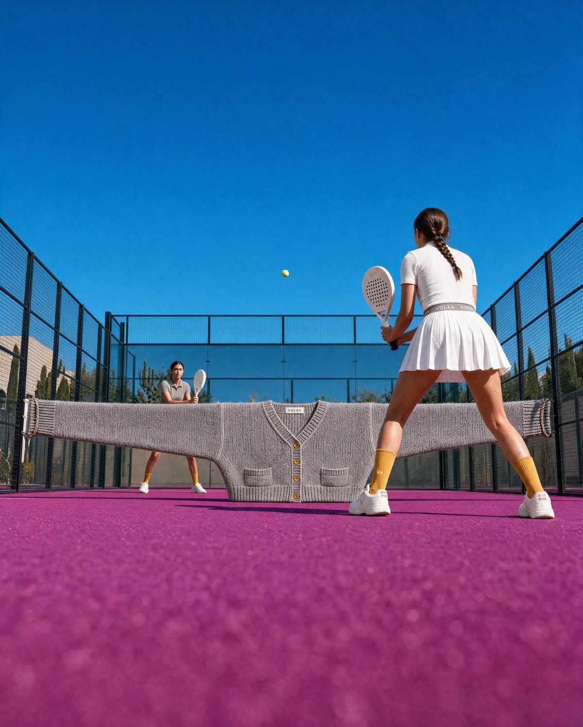 Two padel players separated by a giant grey cardigan used as a net