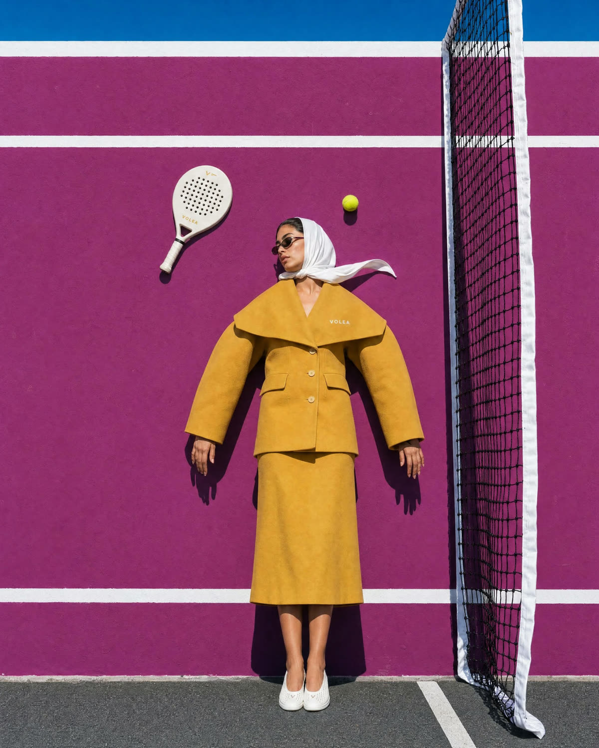 VOLEA model in mustard clothing against a magenta padel club wall