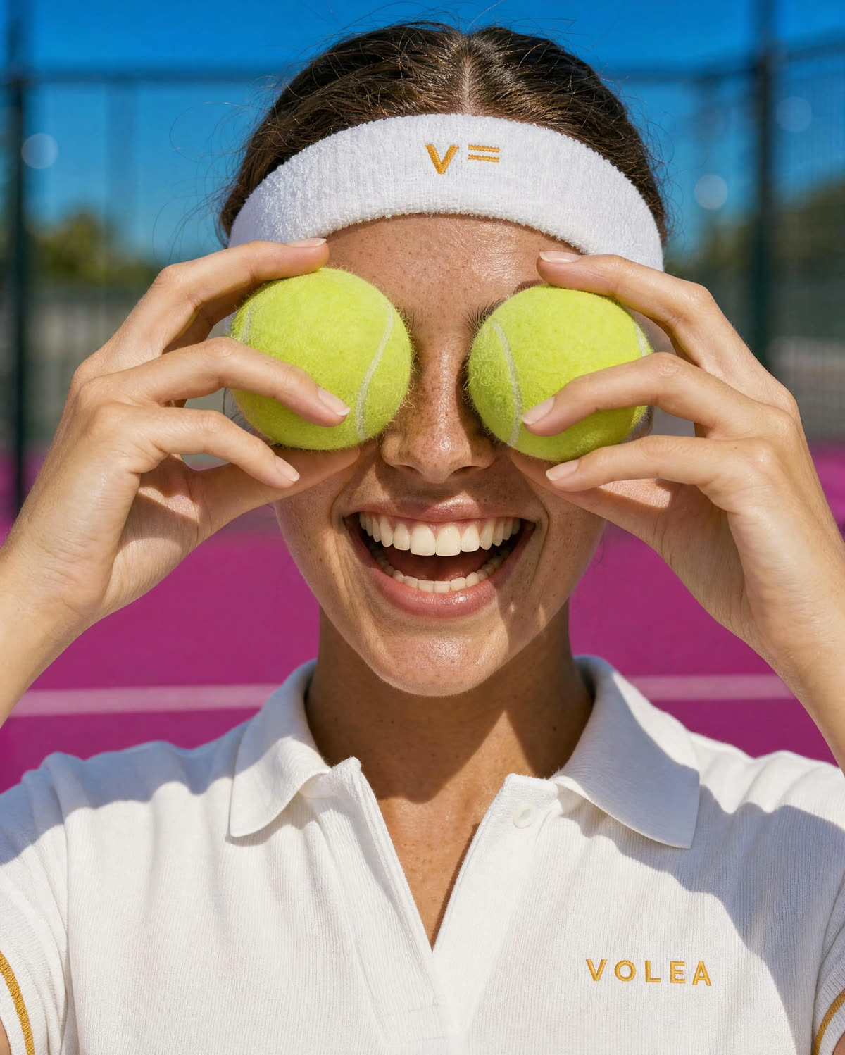 Smiling VOLEA player holding lime padel balls over her eyes