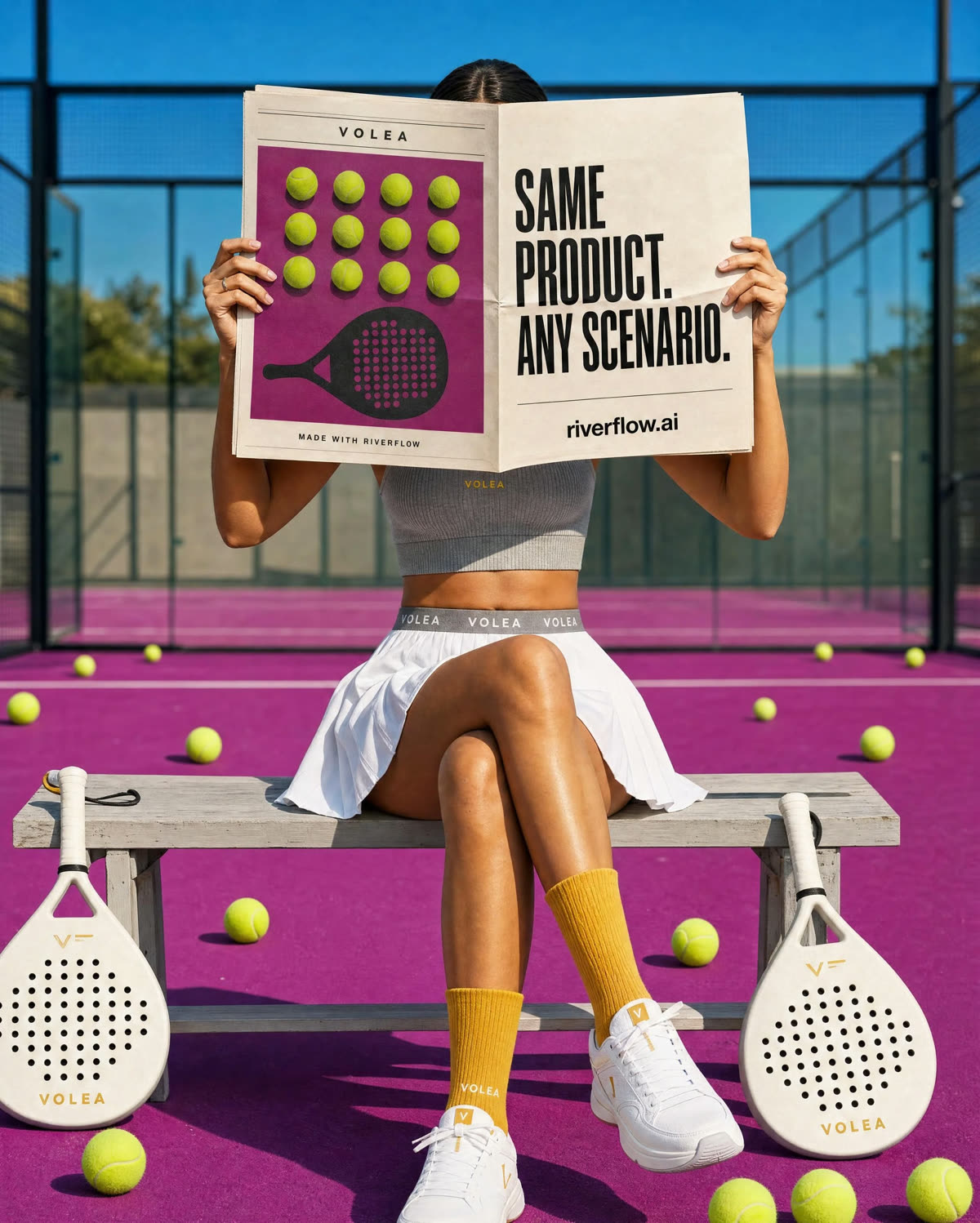 VOLEA player seated on a padel court holding a campaign newspaper