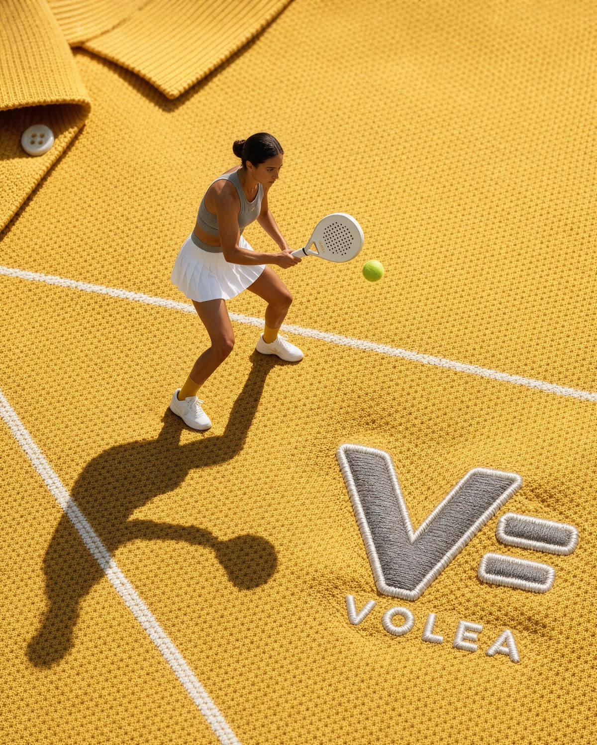 Tiny padel player on mustard pique fabric beside an embroidered VOLEA emblem