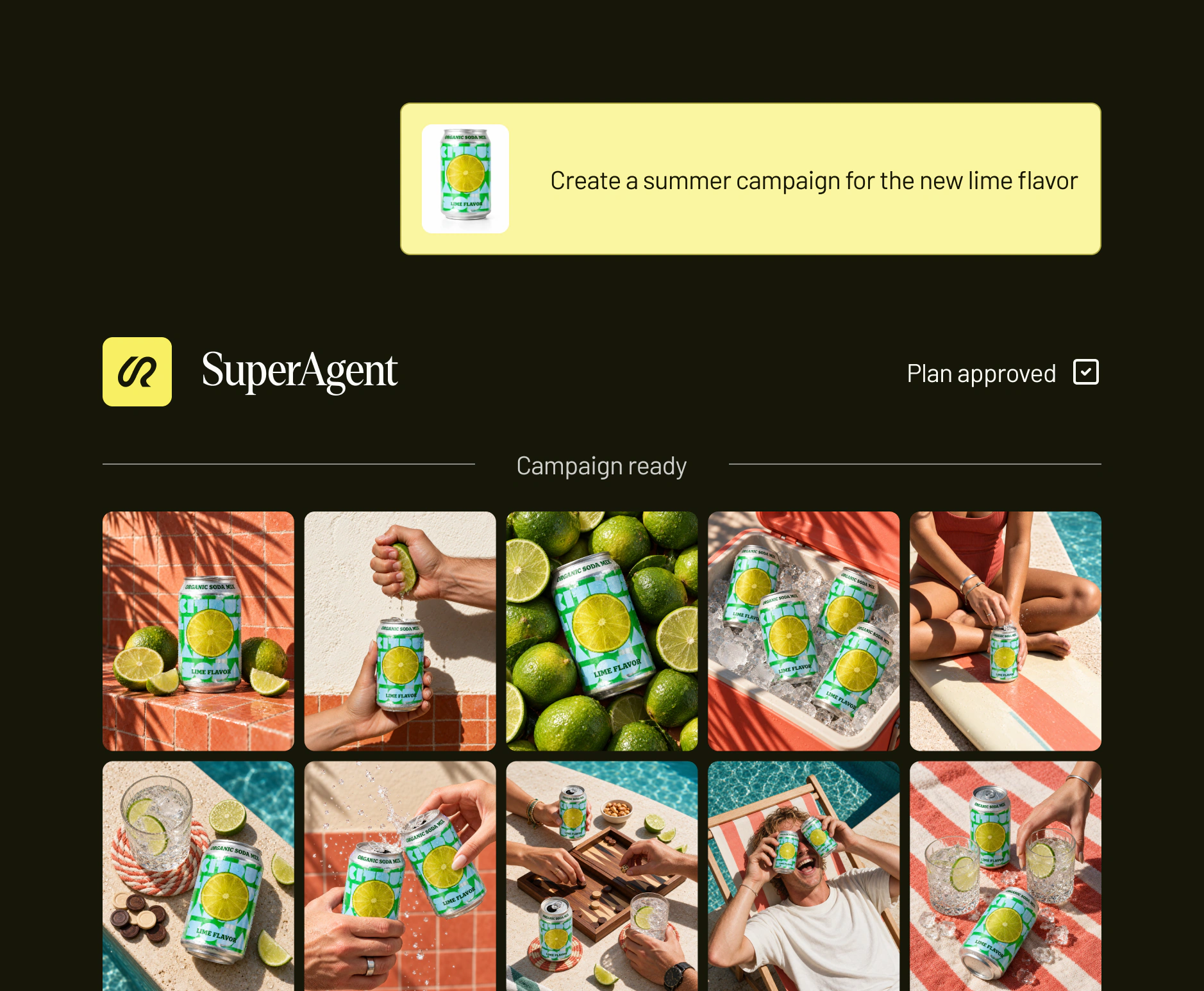 SuperAgent turns a lime soda campaign brief into a coordinated set of product images
