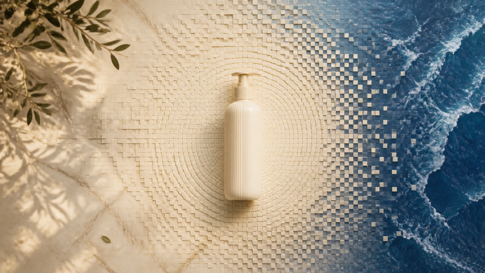 A shampoo bottle surrounded by cream and blue tiles transitioning into Mediterranean water